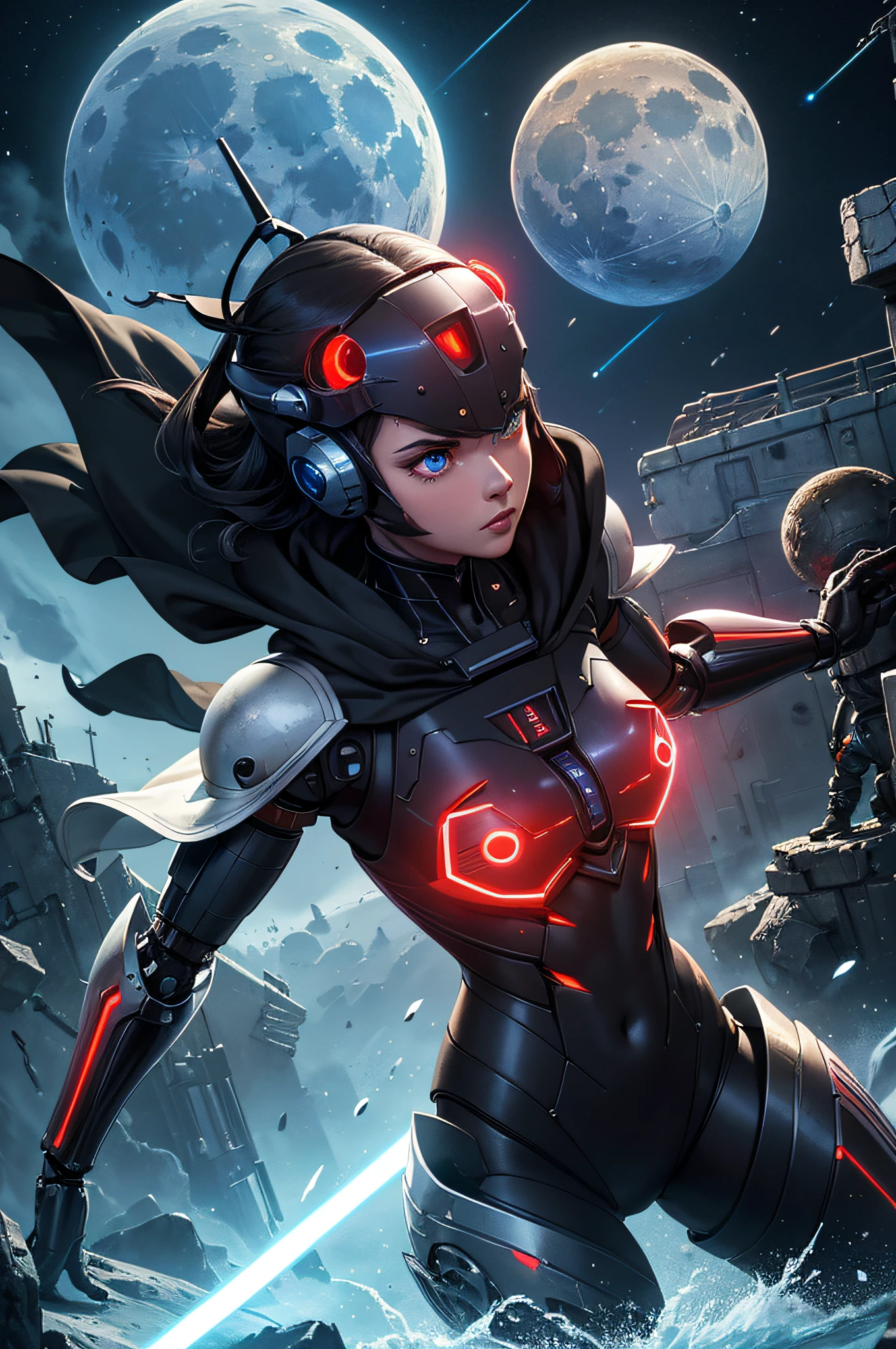 top-quality、Top image quality、masterpiece、hiquality、Beautiful Art、masutepiece、visualart、depth of fields、male people((in her 20s、well-muscled、Black and red bodysuit、Shout、Laser sword dual wielding、Glowing chest、mechanical cloak、blue eyess、Planktonic)),Background with((Lunar base、battle field、Humanoid robot destroyed),