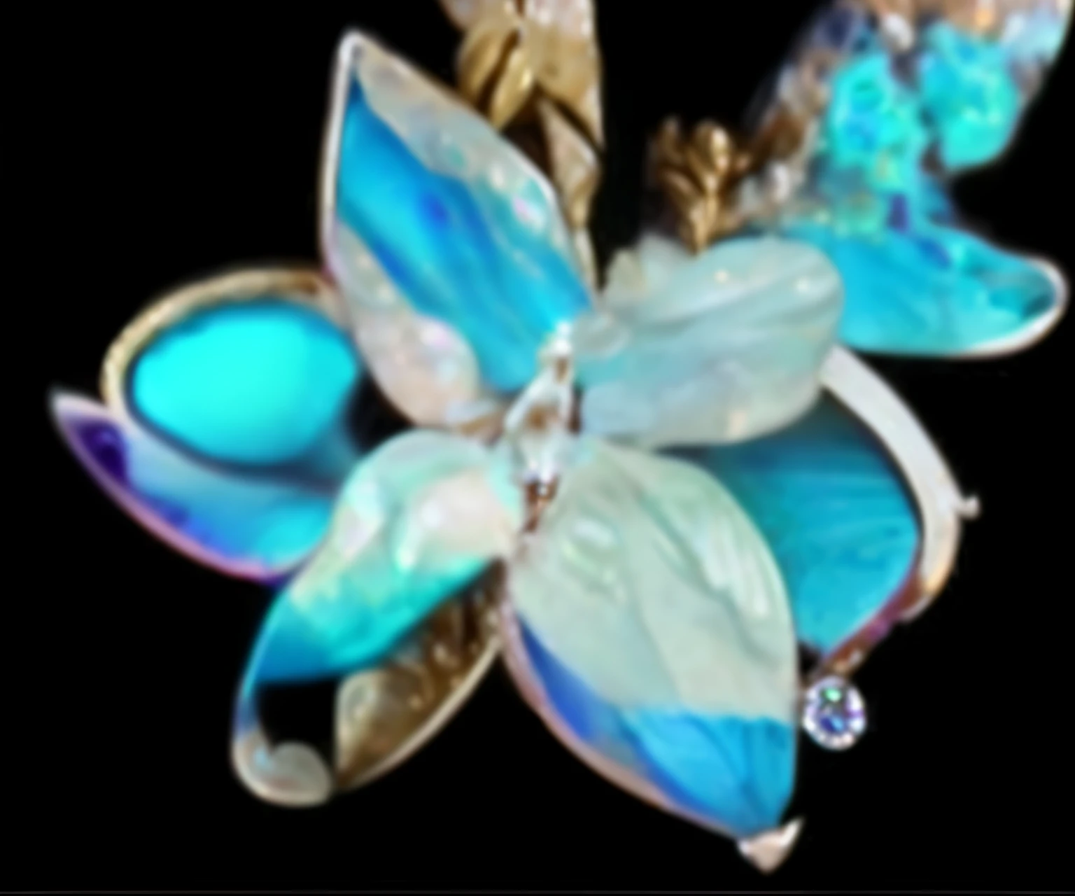 Close up of blue flower brooch with gold chain, butterfly jewelry, jewelry iridescence, sapphire butterfly jewellery, Made from boulder opal, opal petals, exquisite detailing, Delicate details, a jewellery design, mother of pearl jewelry, blue jewellery, exquisitedetails, mother-of-pearl orchid, topaz and other jewellaries, Turquoise jewelry, Bioluminescent Opal