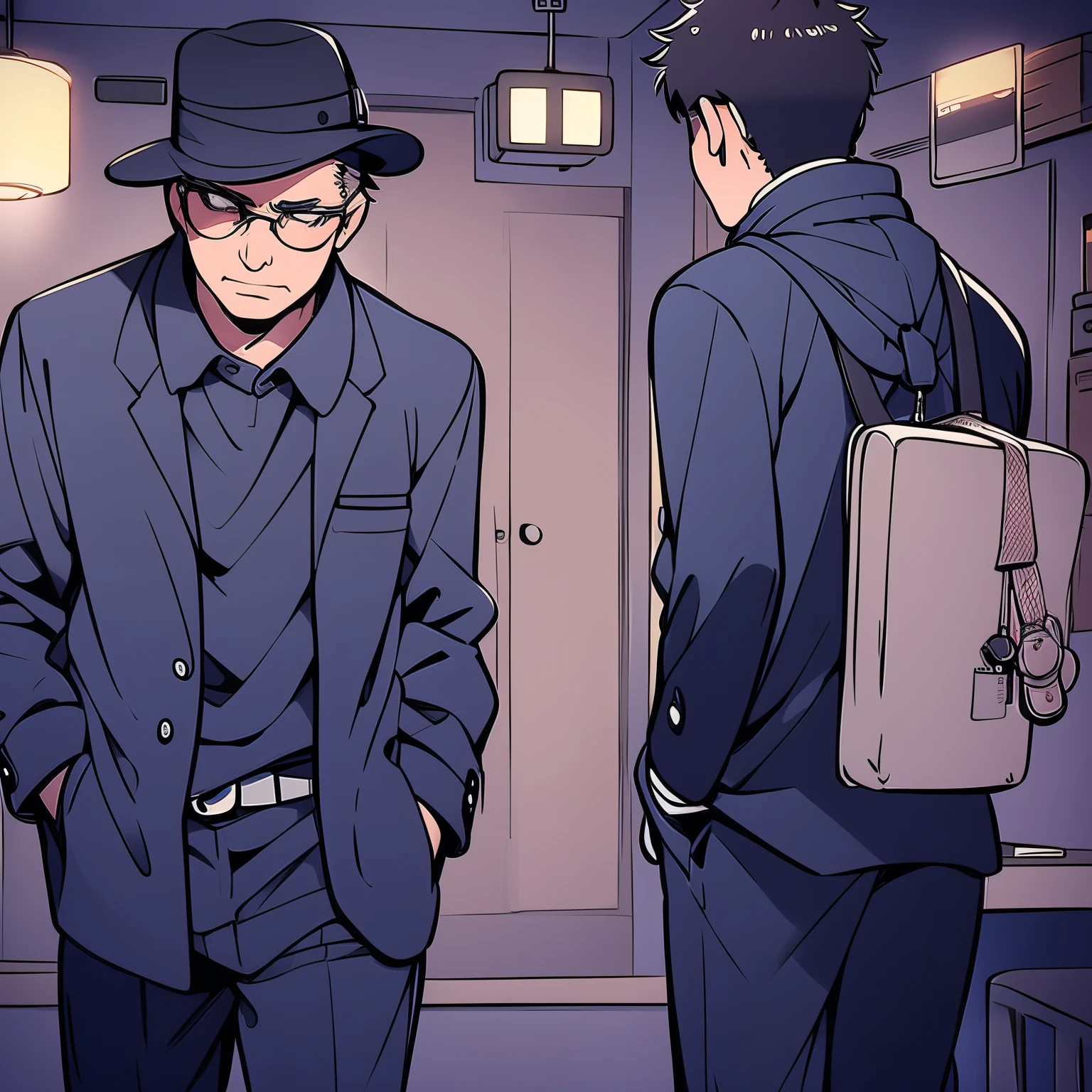 A middle-aged man and a young man, detective investigating a murder case.