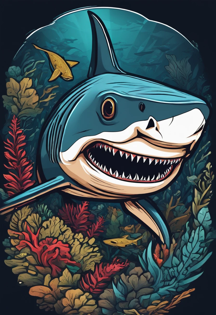 /Imagine Prompt: Shark illustration for sticker on black background, Bold outline style, jagged, Trashcore, Light Shading - V 5.2