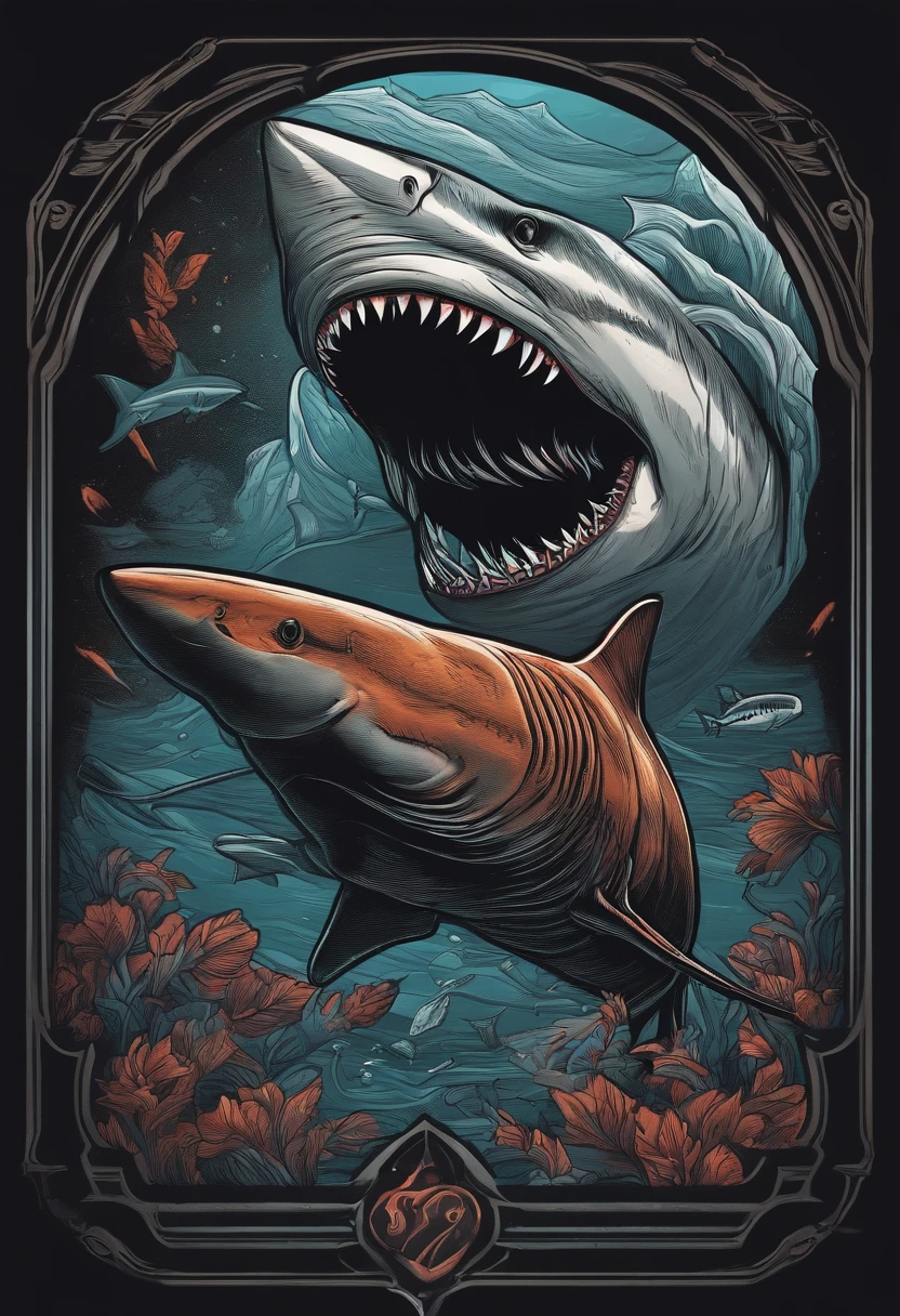 /Imagine Prompt: Shark illustration for sticker on black background, Bold outline style, jagged, Trashcore, Light Shading - V 5.2