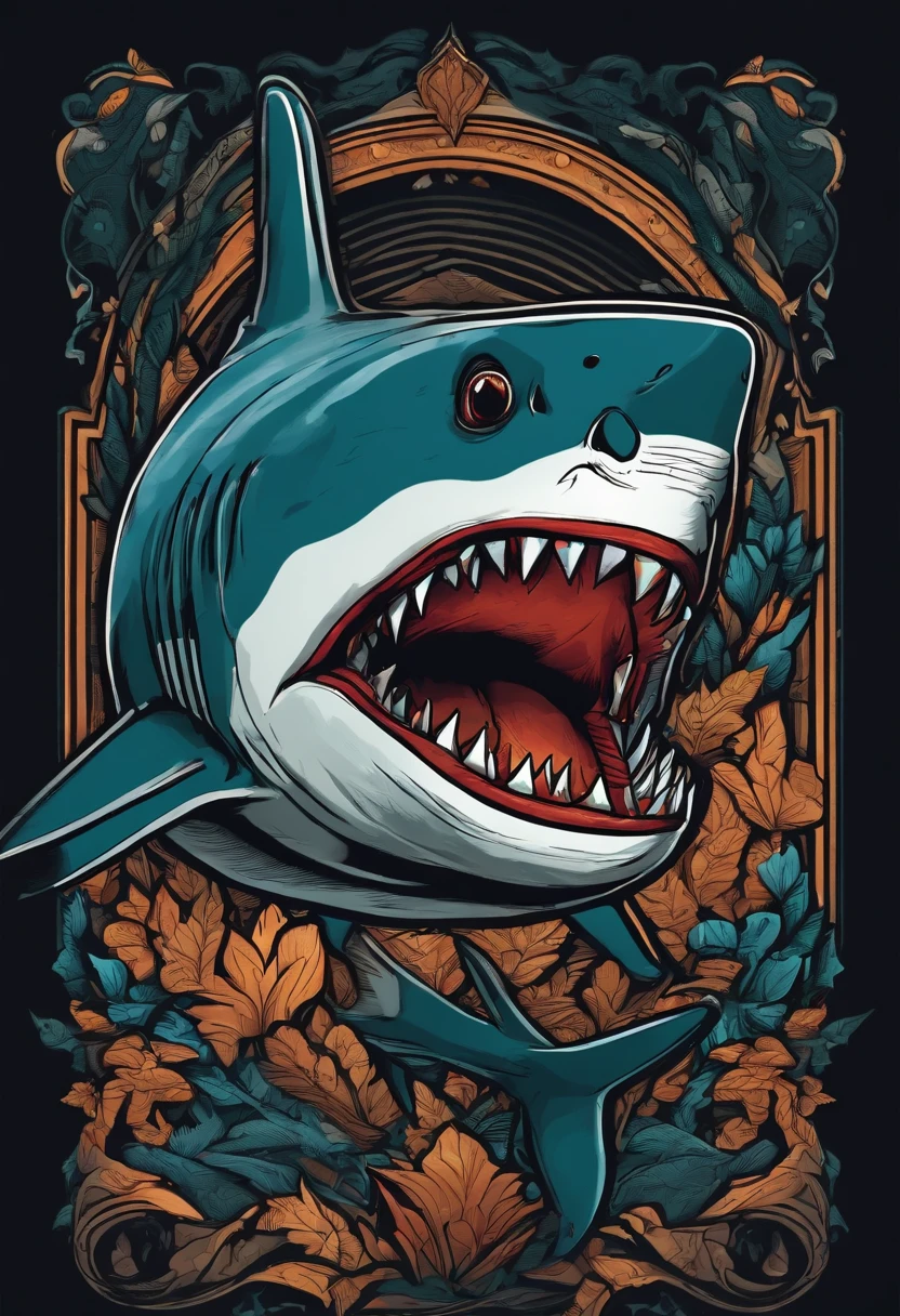 /Imagine Prompt: Shark illustration for sticker on black background, Bold outline style, jagged, Trashcore, Light Shading - V 5.2