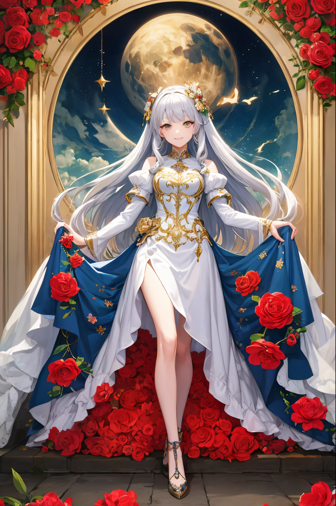 ultra-detailliert、anime illustrated、2D Beautiful Girl、top-quality、Top image quality、​masterpiece、超A high resolution、android beautiful girl、sixteen years old, Glowing white cyber suit,Silvery long-haired、Silver eyes、A slender、The face is depicted in detail、The eyes are very detailed、The clothes are also depicted in detail、hiquality、Beautiful Art、Fantastic Universe、Elaborate design、soio、kindly smile、goddess of red flowers、animesque、illustratio、Full body front