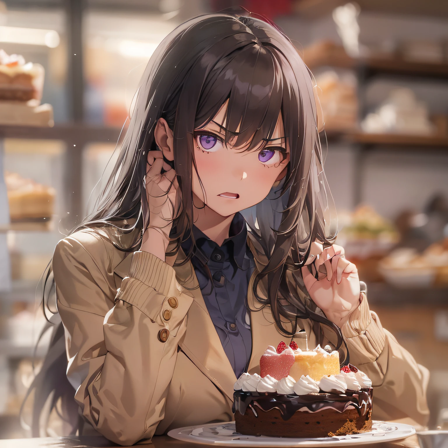 masterpiece、top-quality、(brown colored long hair、I have bangs:1.1)、25 year old woman with purple eyes、Wearing a beige suit、(emphasis on the chest:1.1)、(Angry look:1.3)、(Staring:1.5)、(Close-up of the subject's face:1.3)、is standing、five perfect and beautiful fingers、Place the camera above the subject、The background is a cake shop、Bold composition、Upper body is shown、Alone