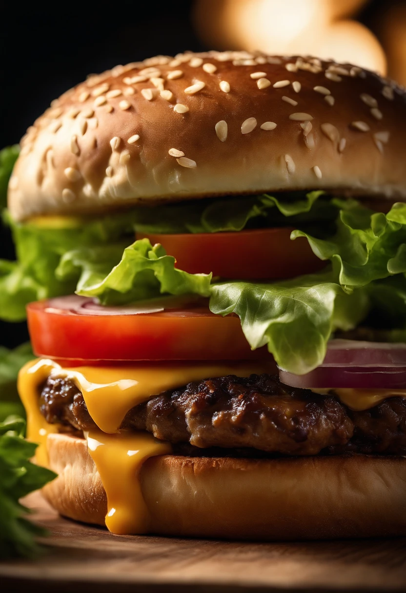 A realistic photograph of a cheeseburger, showcasing a perfectly melted slice of cheese on top of a juicy patty, with fresh lettuce, tomato, and a toasted bun, tempting the viewer with its deliciousness.