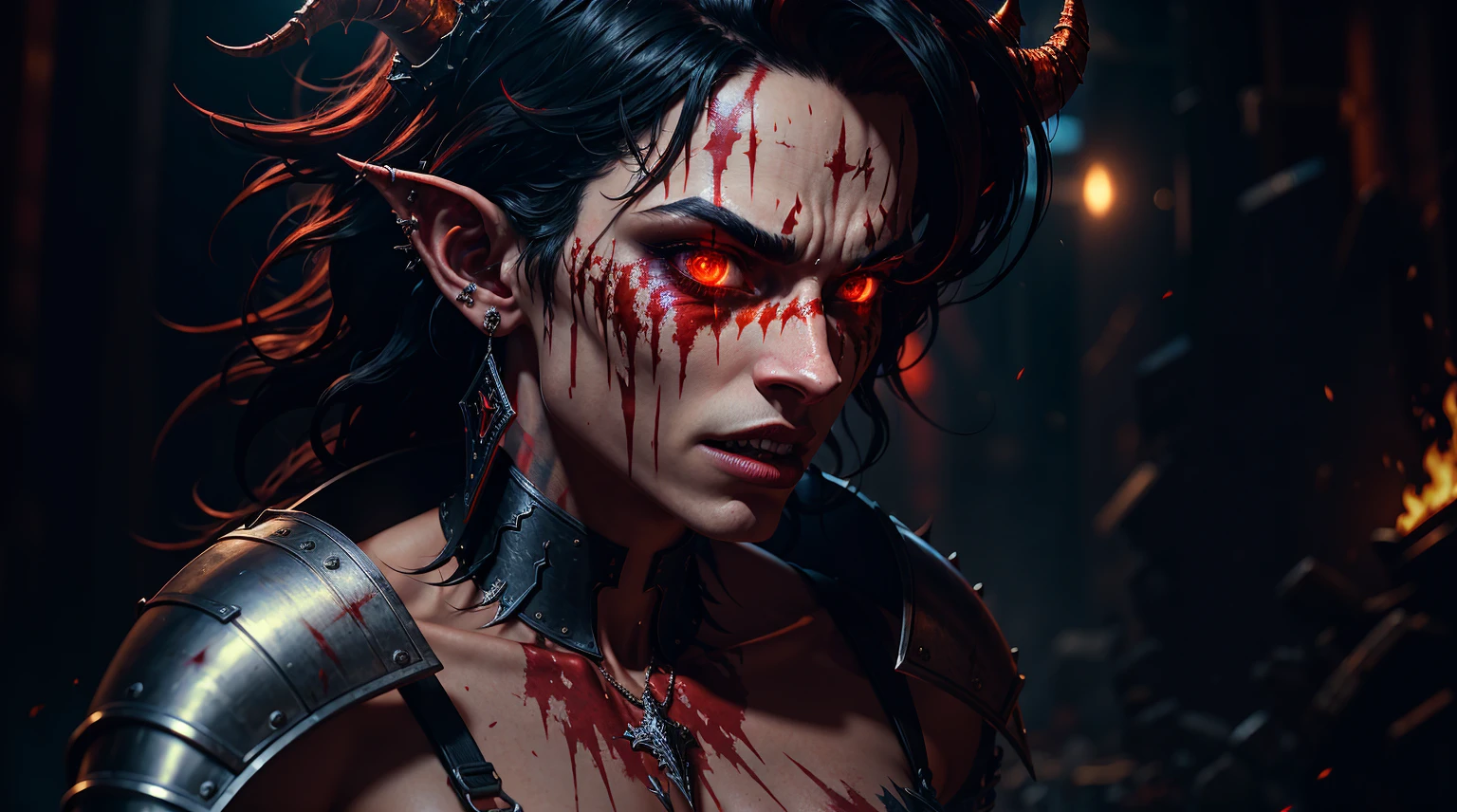 Movie CG, Tiflin, devils,disheed hair,Shogun,chubby, black hair, face piercings, Peerless beauty,chubby girl,(Lord of Hell),Demon King,Pitch-black wings,Fallen angels,Tattooed with,the scars,Blood-red heavy armor,blood splattere,It has gold etching on it, (paleskin), blood spatter, horns on head,succubi, Cruel laughter,(Burning red eyes), , Red-blooded pentagram, Glowing Grimmore closes, summoning circle, Rusty chains, The illuminated temple of Satan, Lens flare, Axis, intricately details, Highly detailed, voluminetric lighting, 4K rendering, stockphoto, Ultra photo realsisim, Lifelike texture, Dramatic lighting, illusory engine