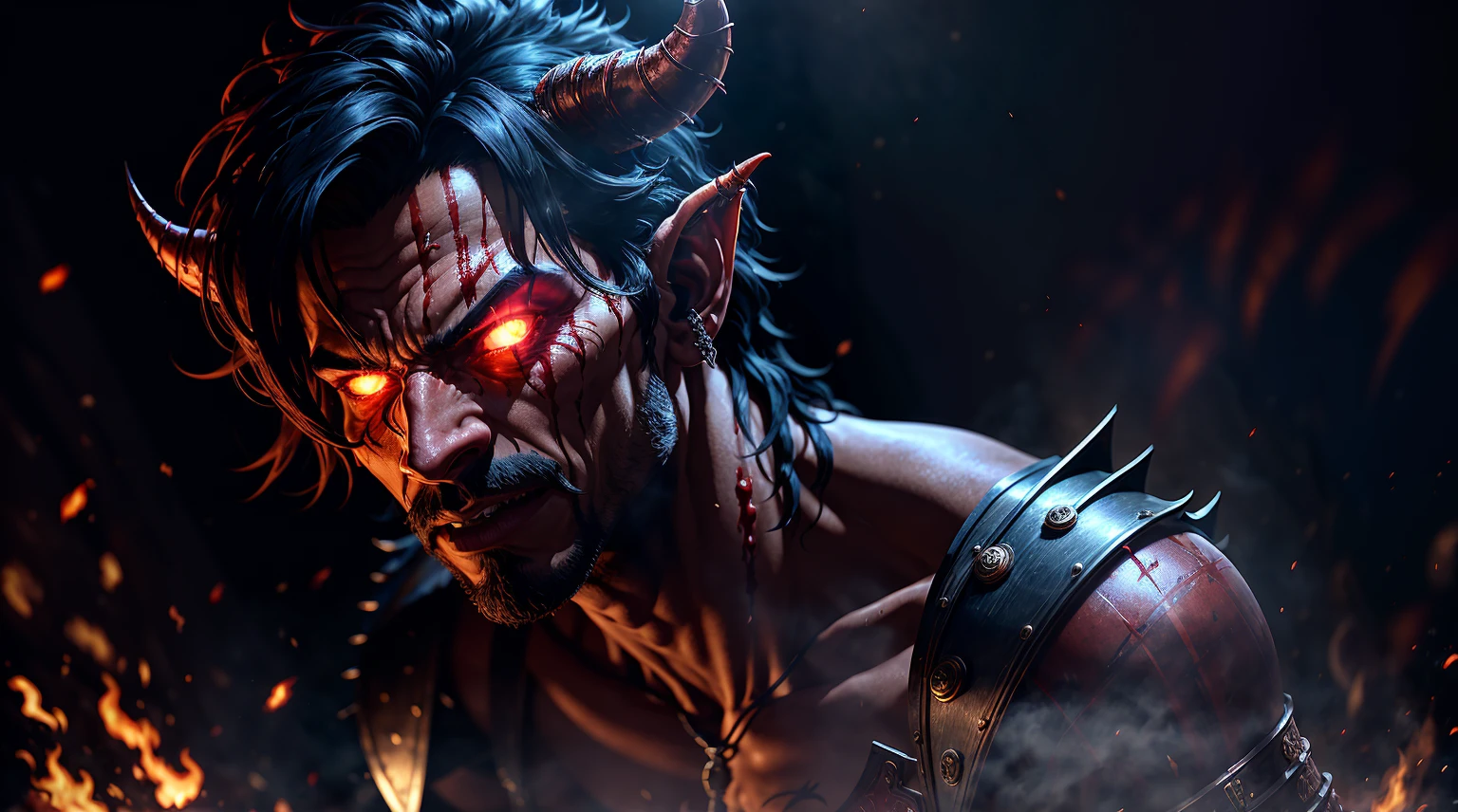 Movie CG, Character of Karlach, Tiefling, devils,disheed hair,athletic, black hair, face piercings, Peerless beauty,(Lord of Hell),Demon King,battle scars, Blood-red bikini armor,blood splatter,(deep red fiery skin), horns on head,Cruel laughter,(Burning red eyes), Lens flare, Axis, intricately details, Highly detailed, volumetric lighting, 4K rendering, Ultra photo realism, Lifelike texture, Dramatic lighting, illusory engine