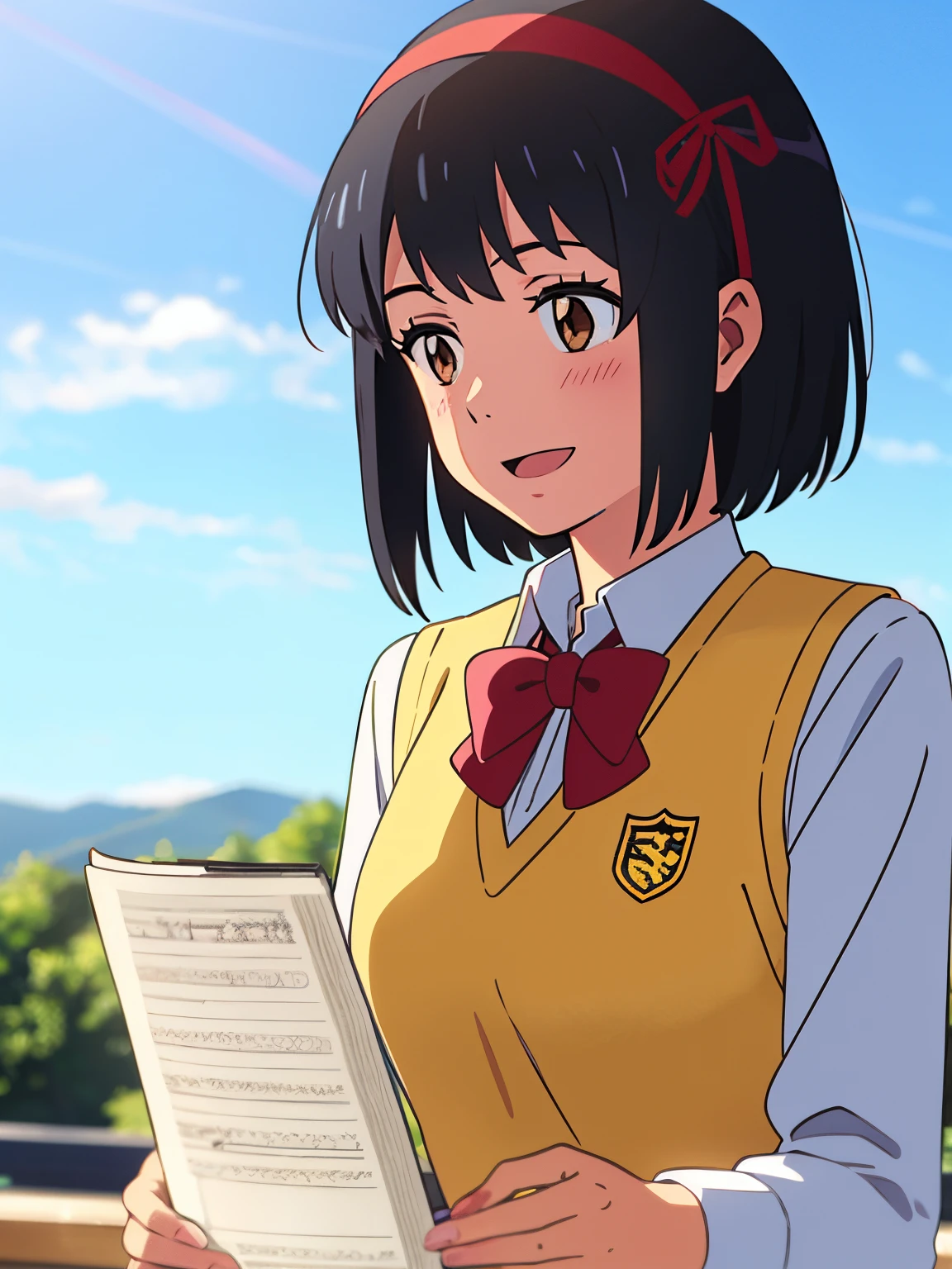 shinkai makoto, kimi no na wa., 1girl, bangs, black hair, blue sky, blush, bow, bow, brown eyes, collared shirt, headband, headband, red bow, red bow, red headband, red ribbon, Ribbon, school uniform, shirt, short hair, smile, solo, sweater vest, upper body, vest, white shirt, yellow sweater vest, yellow vest, happy, open mouth, reading, writing, marker