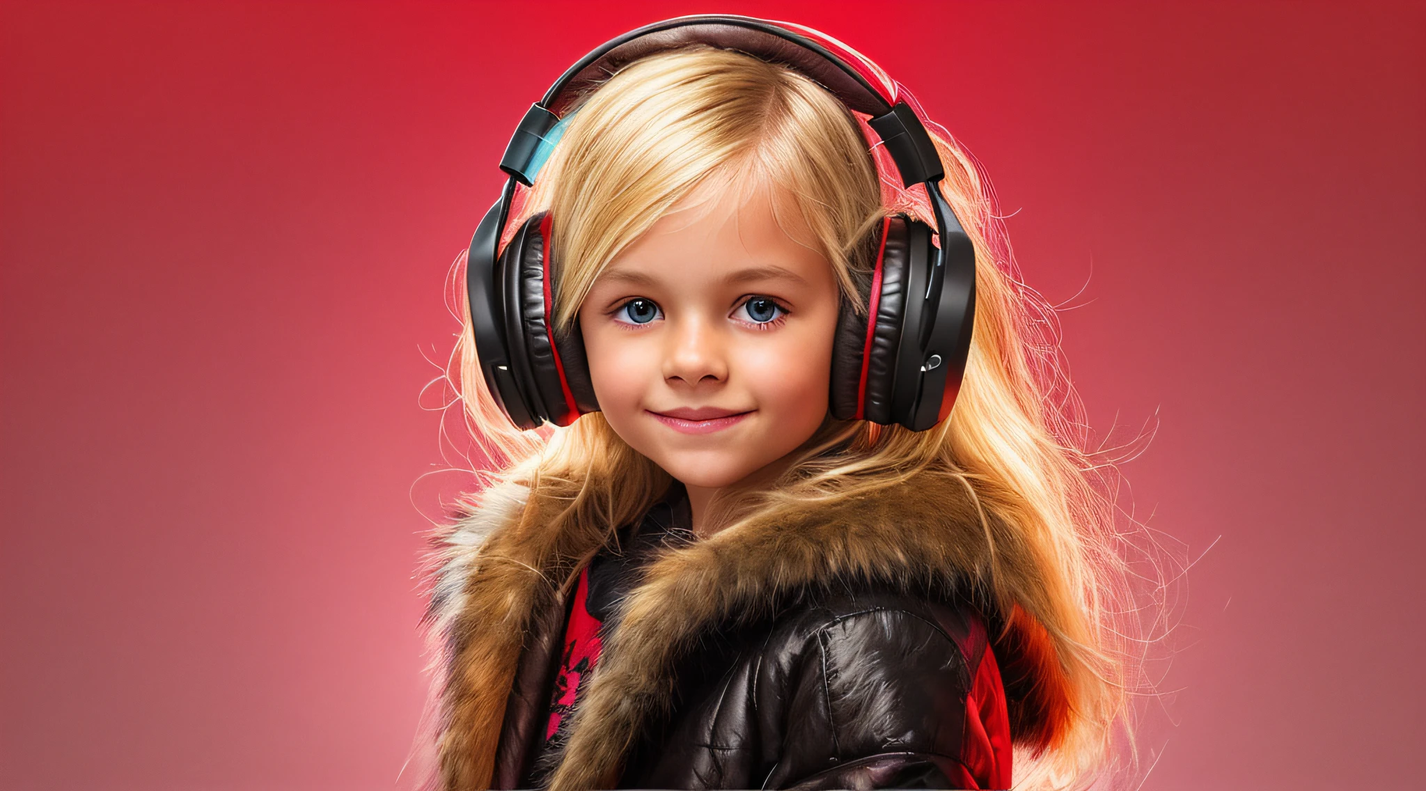 GIRL CHILD , RUSSIAN STYLE BLONDE HEADPHONES, BLACK FUR COAT, MESSY SHOULDER LENGTH BLONDE HAIR, RED BACKGROUND, BROWN EYES, HAPPY, CLEAN DETAILED FACES, INTRACATE CLOTHES, ANALOGOUS COLORS, BRIGHT SHADOWS, BEAUTIFUL GRADIENT, DEPTH OF FIELD, CLEAN IMAGE, HIGH QUALITY, HIGH DETAIL, HIGH DEFINITION, LUMINOUS STUDIO GRAPHICS ENGINE, BEAUTIFUL FACE