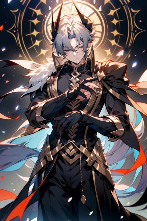 Anime boy with black hair and black clothes,gilgamesh,grand order of destiny,style anime,Like fate/sleep with,destiny/sleep with,Portrait of a magical blond prince,handsome anime pose,Fate remains still at night,joseph joestar,male anime characters,Produced by Anime Painter Studio,8K!