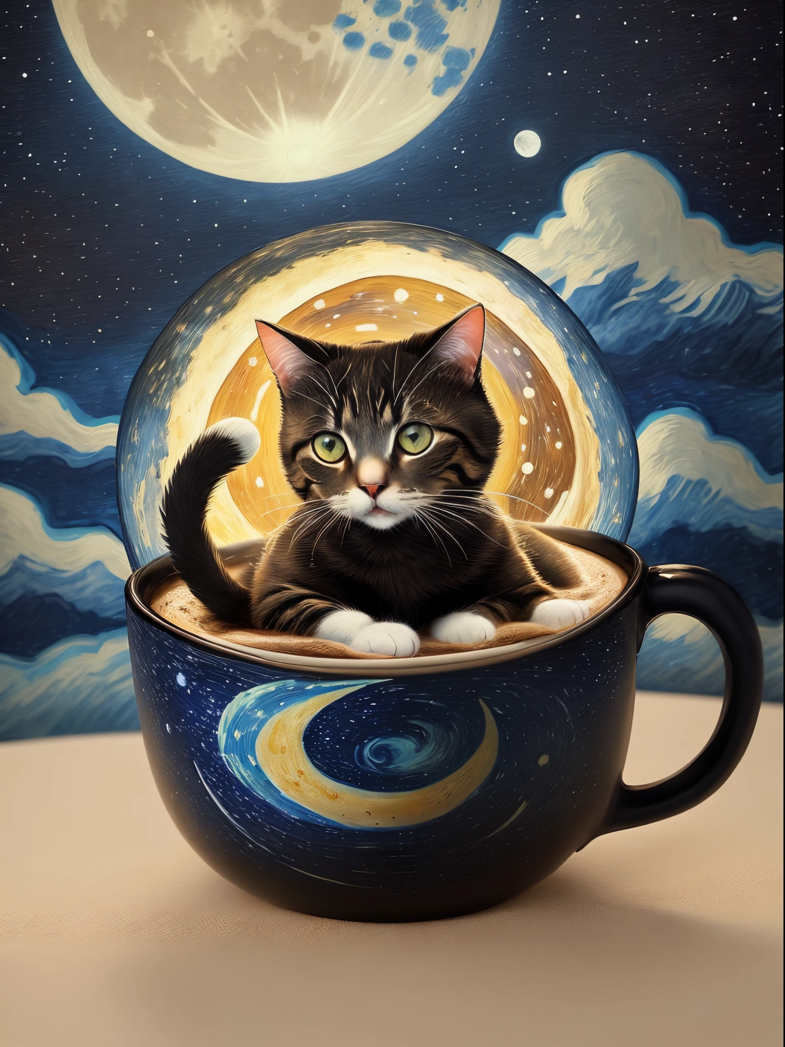 I want a minimal design with the moon, Van Gogh's starry night painting, cat and coffee