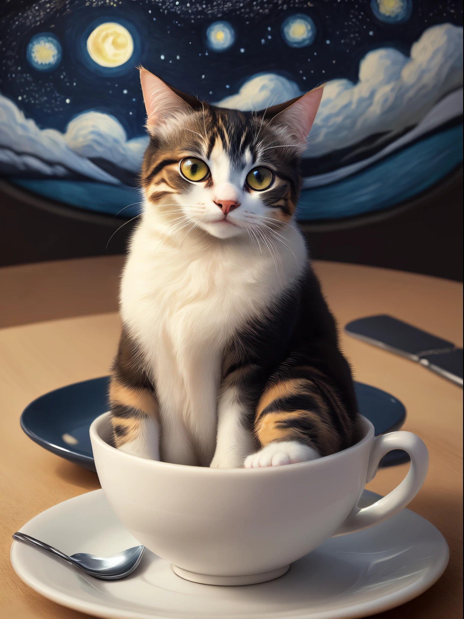 I want a minimal design with the moon, Van Gogh's starry night painting, cat and coffee