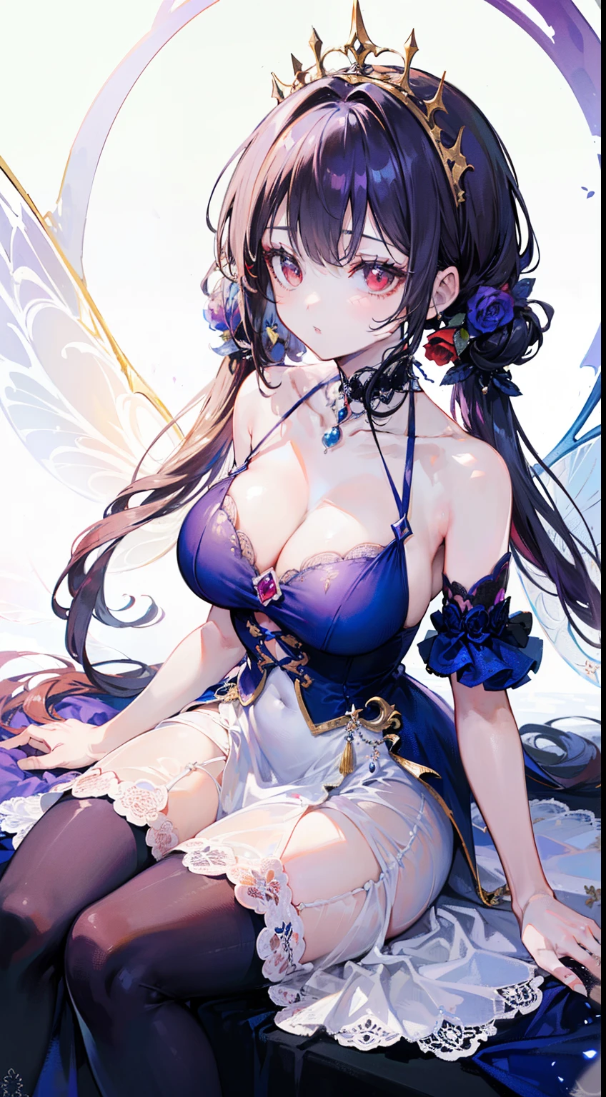 (top-quality、masterpiece、high-level image quality、Super delicate)、((a beauty girl))、(Smooth space style purple gradation hair)、(curly twintails, Long bangs)、(red eyes)、a choker、Moderately large breasts、((pure fairy tale fairy tale princess dress))