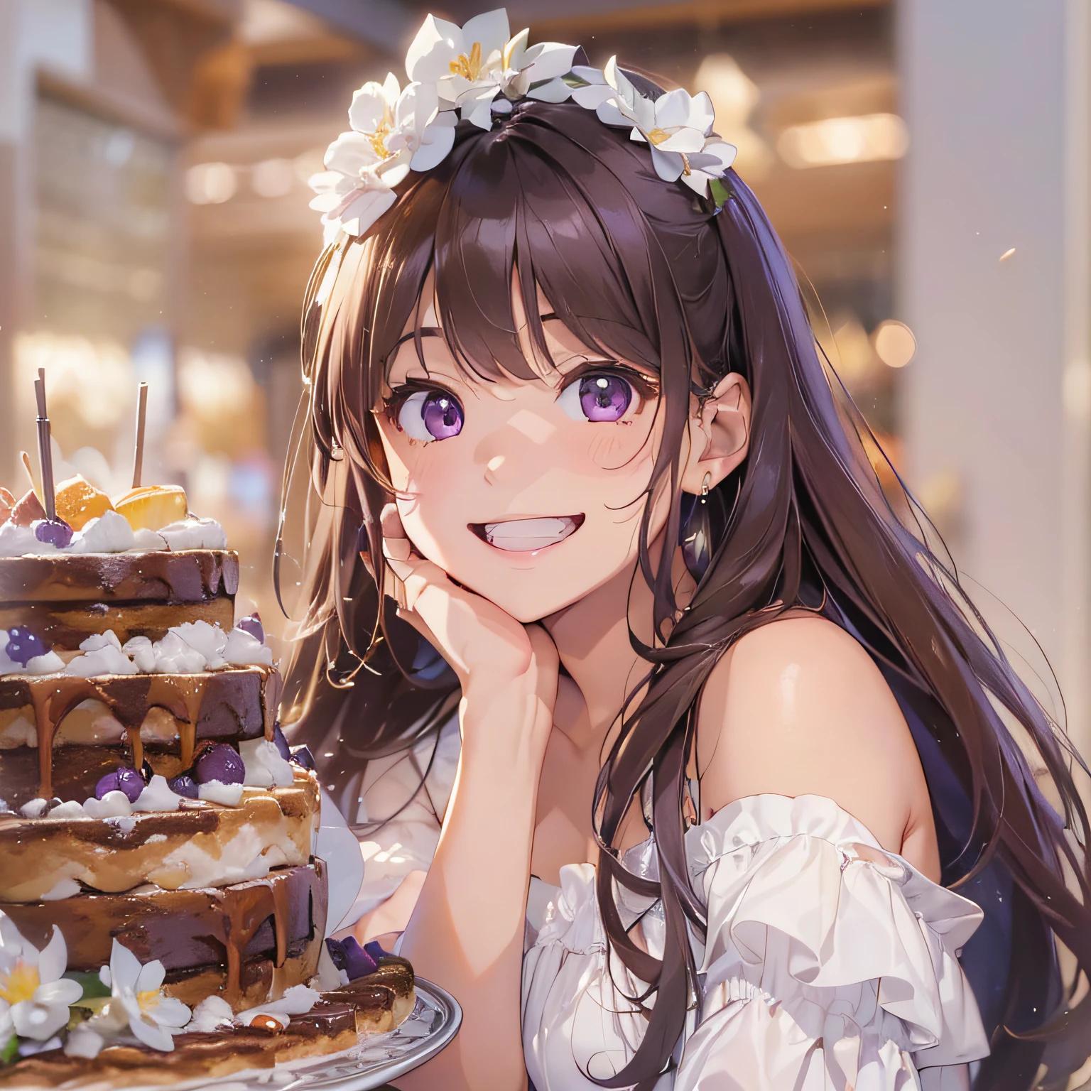 masterpiece、top-quality、(brown colored long hair、I have bangs:1.1)、25 year old woman with purple eyes、Wearing a white off-the-shoulder blouse、(emphasis on the chest:1.1)、(Smiling expression:1.3)、(Staring:1.5)、(Close-up of the subject's face:1.3)、is standing、five perfect and beautiful fingers、Place the camera above the subject、The background is a cake shop、Bold composition、Upper body is shown、Alone