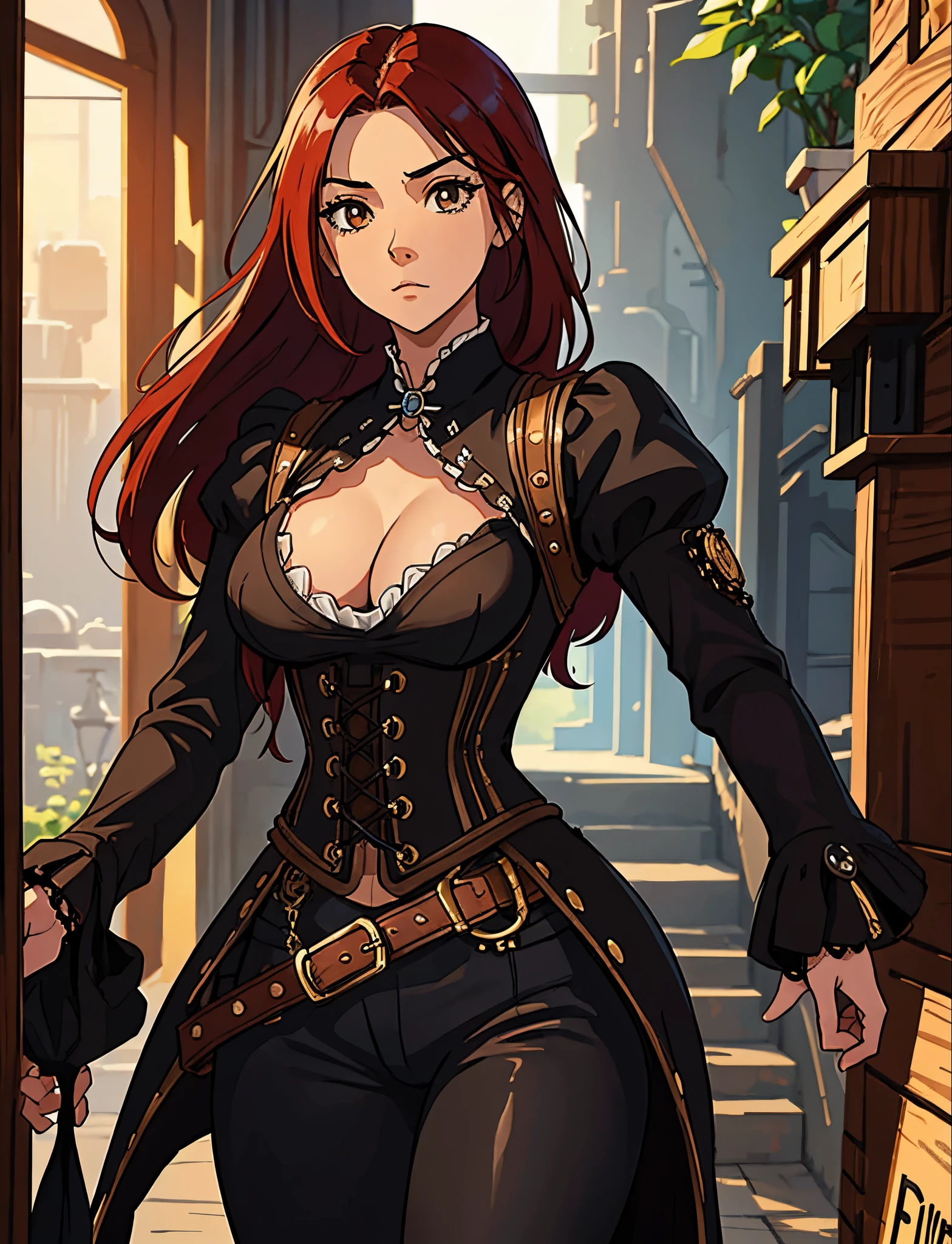 Erza Scarlet is one of the main characters in the series. The young woman with scarlet hair and brown eyes is described as an amazing woman, very strict and who does not admit when others make mistakes. She's a slender, Figura elegante com curvas bem desenhadas. Her most common attire consists of a corset with custom-made laces, a pair of black pants, Botas pretas e brincos em forma de diamante, in high resolution, circunstanciado ((melhor qualidade)) ((Steampunk)) ((olhos bonitos)) uma arte para um jogo de rpg