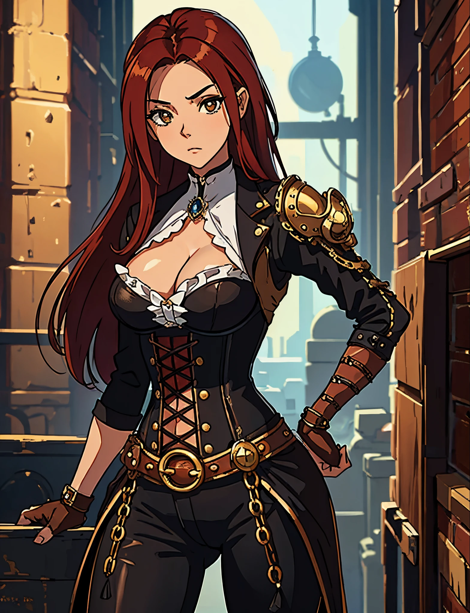 Erza Scarlet is one of the main characters in the series. The young woman with scarlet hair and brown eyes is described as an amazing woman, very strict and who does not admit when others make mistakes. She's a slender, Figura elegante com curvas bem desenhadas. Her most common attire consists of a corset with custom-made laces, a pair of black pants, Botas pretas e brincos em forma de diamante, in high resolution, circunstanciado ((melhor qualidade)) ((Steampunk)) ((olhos bonitos)) uma arte para um jogo de rpg