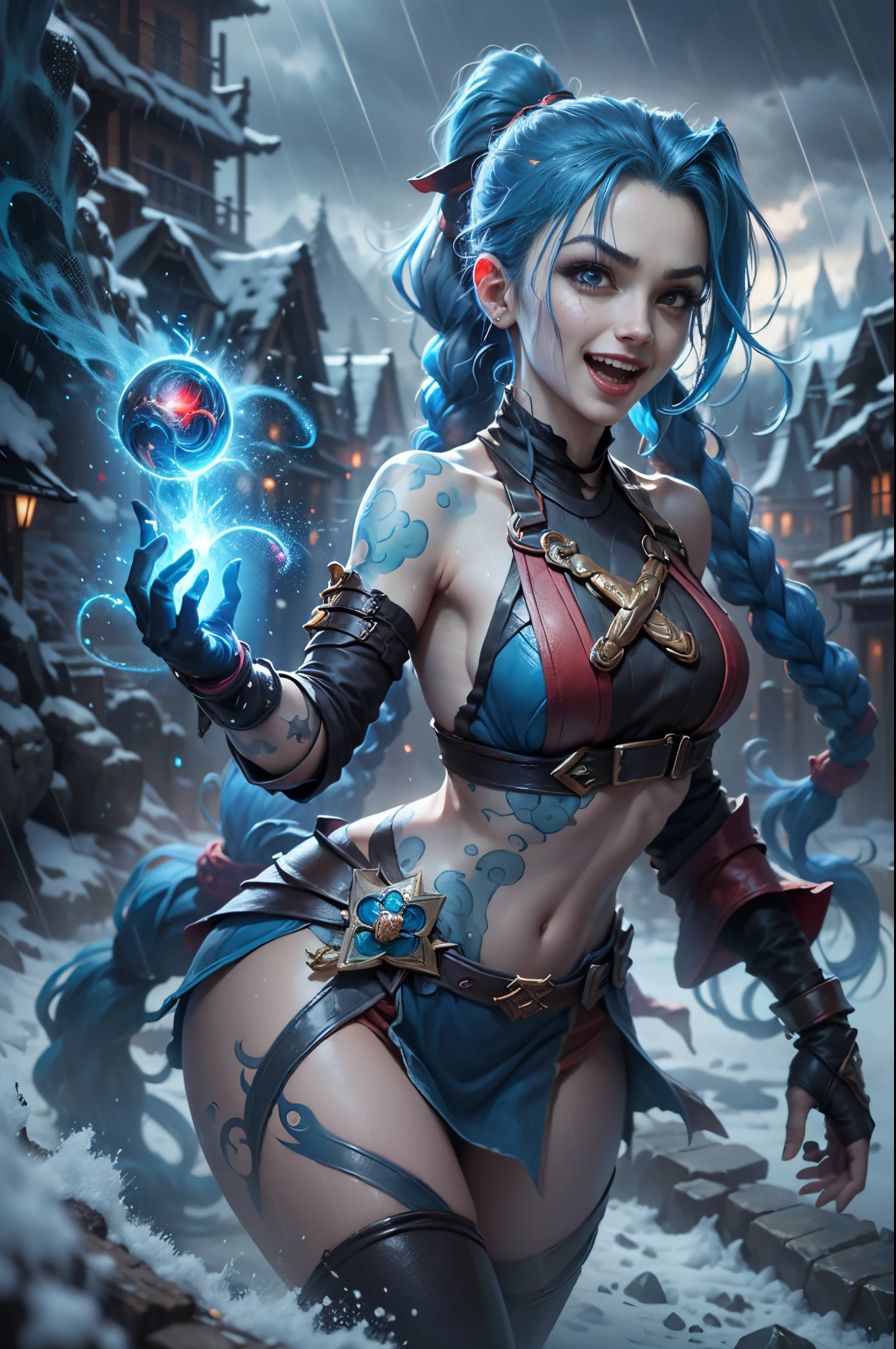 (Shoot from a distance: 1.5), doom \(league of legend\), (1个Giant Breast Girl，League of Legends Jinx)，(Scarlet eyes: 1.2, Maniacal laughter, Blue double ponytail hair: 1.5)，Kungfu，Wearing future technology mechanical armor，(Particle laser cannon in hand，a revolver)，Ao Shu Crystal, Attack status，(Snowy mountain woods，surrounded by rain，League of Legends Game World)，Illustration style，The whole body is exposed to the rain for a long time，(exquisite facial features，Perfect hand features)，martial arts style，(Selective focusing，Full body shot，tmasterpiece，ultra - detailed，Epic work，Best quality at best，8K，in a panoramic view, first person perspective, atmosphric perspective, hyper HD, tmasterpiece, acurate, Anatomically correct, ctextured skin, high detal, Award-Awarded, Best quality at best), Kim Kroll, author：by DylanKowalski