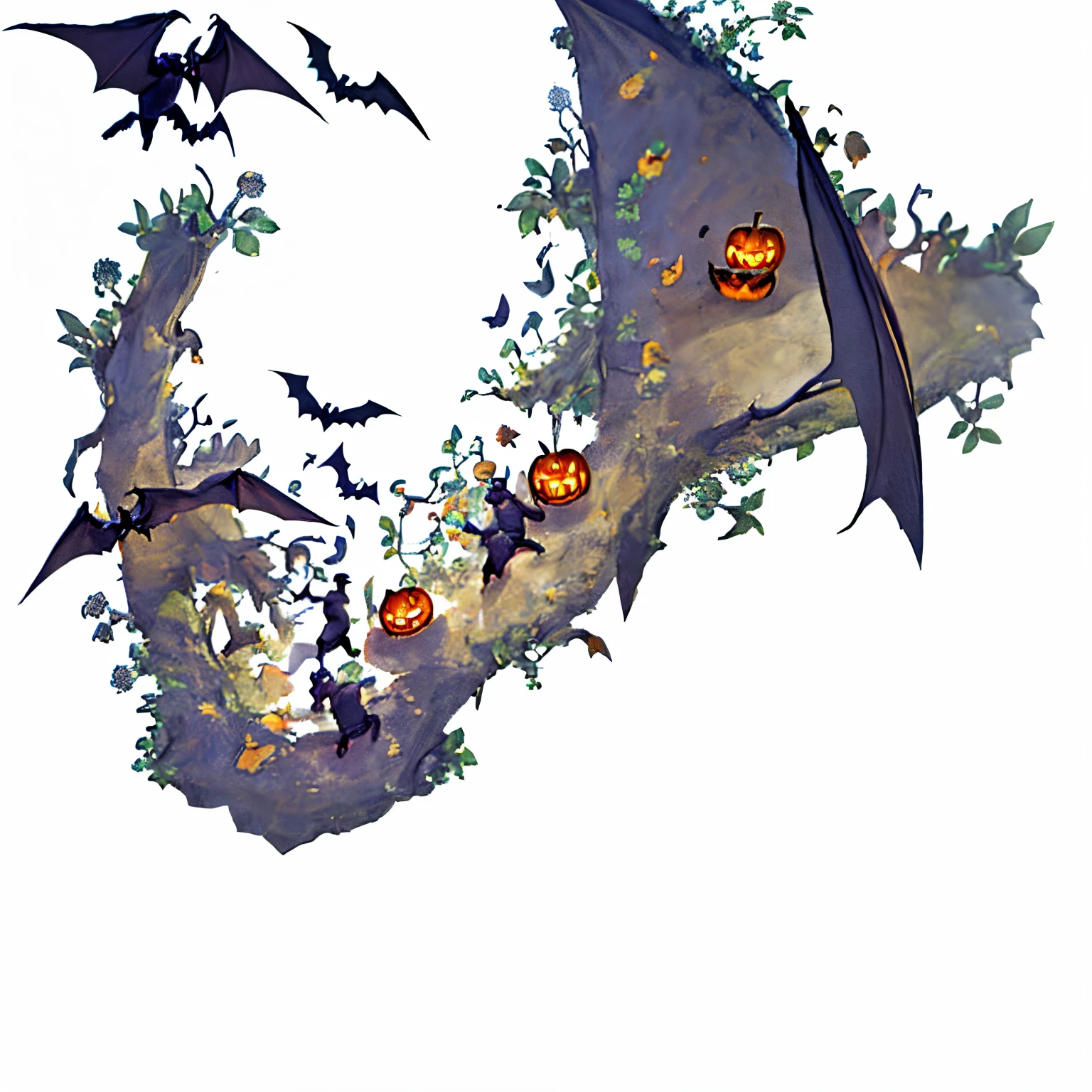 A group of bats are flying,And lots of Halloween pumpkins