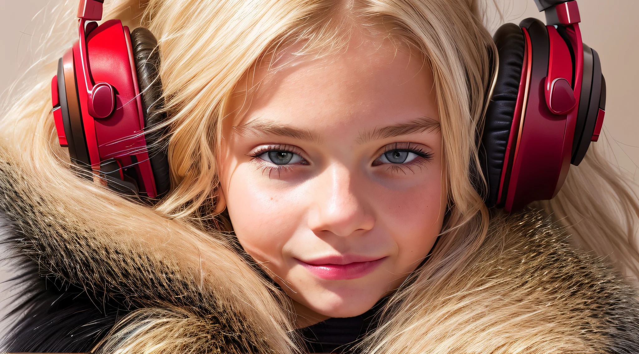 GIRL CHILD 8 YEARS OLD, RUSSIAN STYLE BLONDE HEADPHONES, BLACK FUR COAT, MESSY SHOULDER LENGTH BLONDE HAIR, RED BACKGROUND, BROWN EYES, HAPPY, CLEAN DETAILED FACES, INTRACATE CLOTHES, ANALOGOUS COLORS, BRIGHT SHADOWS, BEAUTIFUL GRADIENT, DEPTH OF FIELD, CLEAN IMAGE, HIGH QUALITY, HIGH DETAIL, HIGH DEFINITION, LUMINOUS STUDIO GRAPHICS ENGINE, BEAUTIFUL FACE