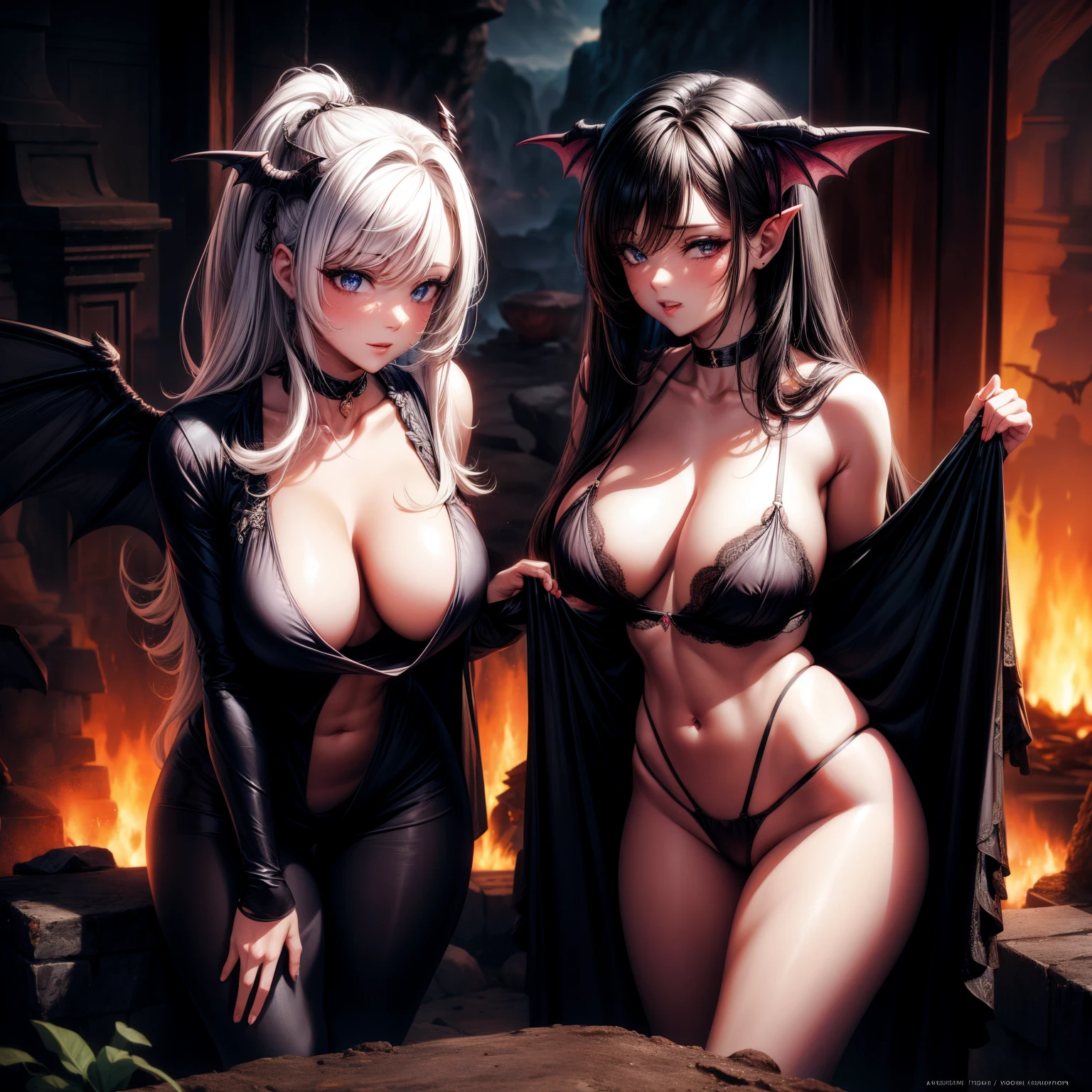 （8K ，hyper-detailing，ultra real photo，Best masterpiece，natural，Perfect artwork，Perfect female body），Two cute busty girls ，Hair color，（large tities），Hell succubus，，Flirtatious，in a dark ugly palace，Volcanic lava and bone decoration，cruel hell，bloody river，Wearing black glamorous pajamas，Sexy tight see-through pajamas，ssee-through，Built-in thong，The cracks are relatively large，stretch the meat，Raised sexy，Flirtatious，obscene exposure ，fully body photo