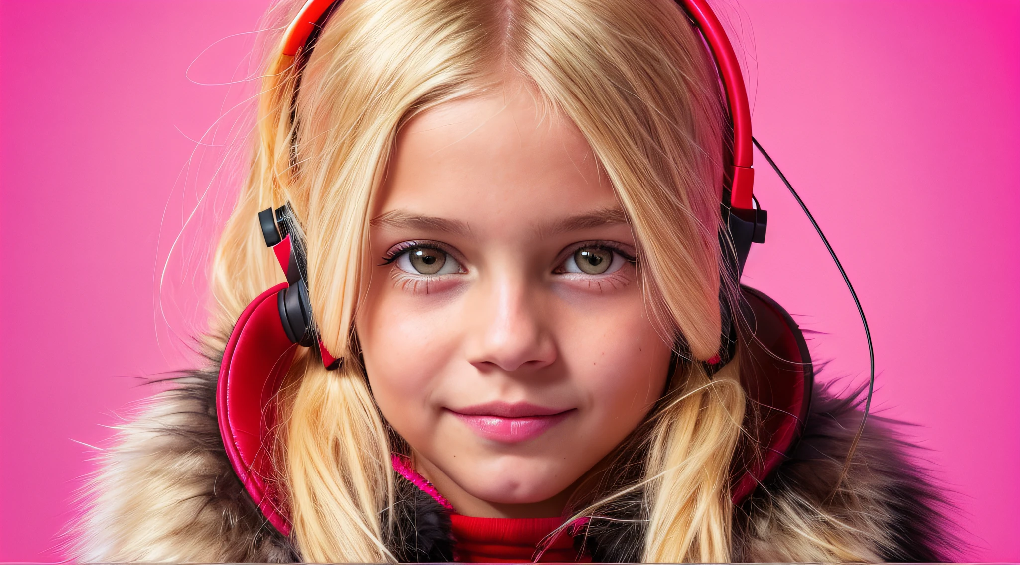 GIRL CHILD , RUSSIAN STYLE BLONDE HEADPHONES, BLACK FUR COAT, MESSY SHOULDER LENGTH BLONDE HAIR, RED BACKGROUND, BROWN EYES, HAPPY, CLEAN DETAILED FACES, INTRACATE CLOTHES, ANALOGOUS COLORS, BRIGHT SHADOWS, BEAUTIFUL GRADIENT, DEPTH OF FIELD, CLEAN IMAGE, HIGH QUALITY, HIGH DETAIL, HIGH DEFINITION, LUMINOUS STUDIO GRAPHICS ENGINE, BEAUTIFUL FACE