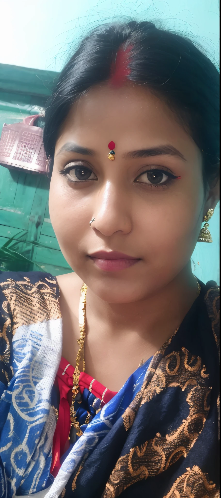 there is a woman with a red nose ring and a blue scarf, assamese, assamese aesthetic, 3 0 years old woman, 30 years old woman, with accurate face, beuatiful face, face picture, very very very beautifull face, wearing bihu dress mekhela sador, traditional beauty, beutiful face, traditional makeup