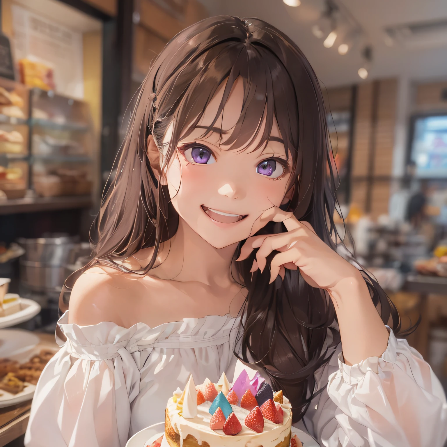 masterpiece、top-quality、(brown colored long hair、I have bangs:1.1)、25 year old woman with purple eyes、Wearing a white off-the-shoulder blouse、(emphasis on the chest:1.1)、(Smiling expression:1.3)、(Staring:1.5)、(Close-up of the subject's face:1.3)、is standing、five perfect and beautiful fingers、Place the camera above the subject、The background is a cake shop、Bold composition、Upper body is shown、Alone