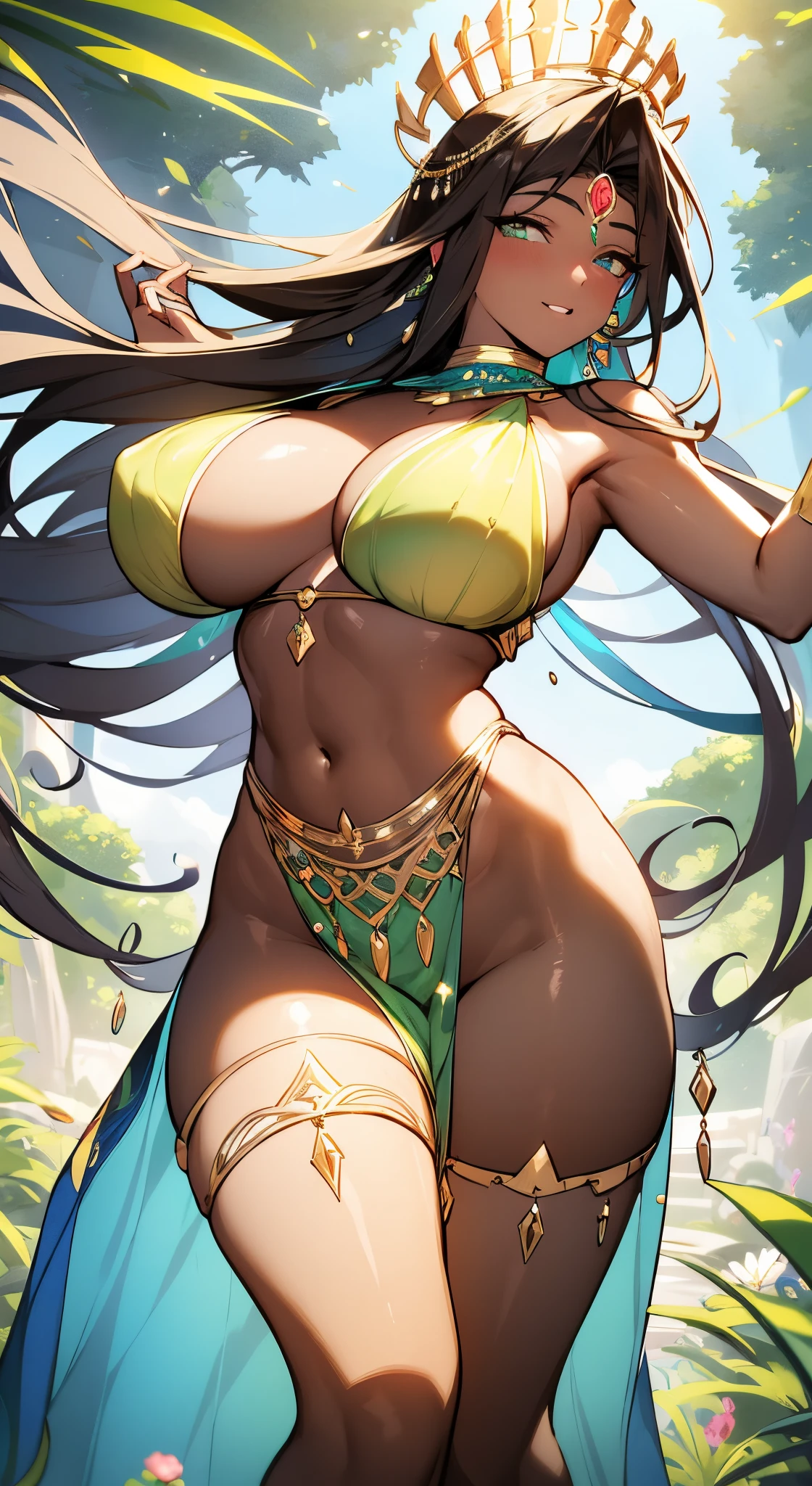 (dark brown skin:1.3), Woman + jade + india + amoroso + Splash Veil Art, sexy female superhero, exposed pussy erotic pose, young girls,dynamic angle,floating, bare_shoulders,looking_at_viewer ,wings ,arms_up,halo,Floating white silk,(Holy Light),just like silver stars imploding we absorb the light of day, Wild Xavante India, extreme tanned skin, full body image, extreme long black straight hair messes over naked boobs, huge macaw blue parrot feather headdress, East Asian original art character design, 1girll, Solo, Gray-haired, full bodyesbian, hair adornments, mythology,epic fantasy art, big cheeks, long legs, curvy, indigenous yellow and green breast painting, breast painted blue and yellow, indigenous yellow and green facial painting, Long hair, Gradient, full body image centered around the buxom young miller's exceptionally attractive with big breast and reavling exposed cleavage with wide hips and narrow waist and exuding an alluring and voluptuous physique that radiates warmth and sensuality, gisele bundchen, cheerfull and happy expression on her face, hyper-realistic photography portrait, beautiful lips,detailed large eyes, Her eyes are a striking and inviting feature, realistic body details scar and fracture, extreme abnormally huge boobs, erotic fantasy, tranquil flower princess with soft hair dancing in the wind and intricately braided. Her sweet face has puffy, kissable lips and stunning, highly realistic eyes, hires eyes, 8k eyes, beautiful detail eyes, realistically shaded eyes, dazzling big eyes and realistic eyes in vibrant colors. She is wearing delicately detailed colourful fabric of gossamer silk and satin, beautiful flowers of varying sizes and colors, with delicate flowers dancing in the wind and creating a dynamic and compelling image