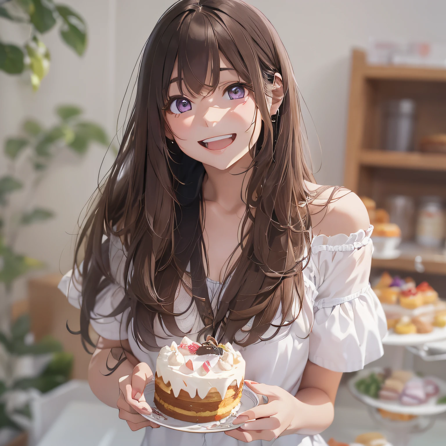 masterpiece、top-quality、(brown colored long hair、I have bangs:1.1)、25 year old woman with purple eyes、Wearing a white off-the-shoulder blouse、(emphasis on the chest:1.1)、(Smiling expression:1.3)、(Staring:1.5)、(Close-up of the subject's face:1.3)、is standing、five perfect and beautiful fingers、Place the camera above the subject、The background is a cake shop、Bold composition、Upper body is shown、Alone