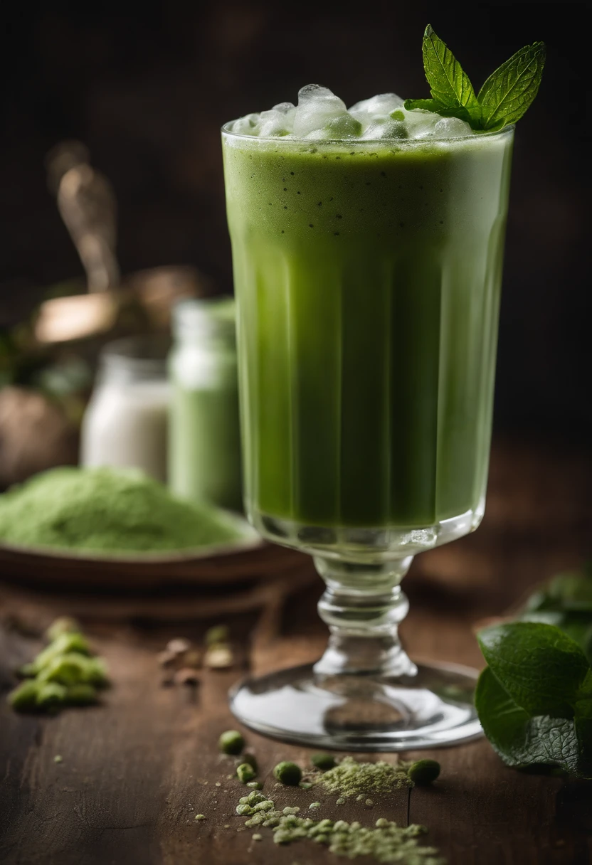 A high-resolution photograph of a refreshing iced matcha latte, showcasing the vibrant green color of the matcha powder perfectly blended with creamy milk and served over ice, topped with a delicate foam and a sprinkle of matcha powder on top.