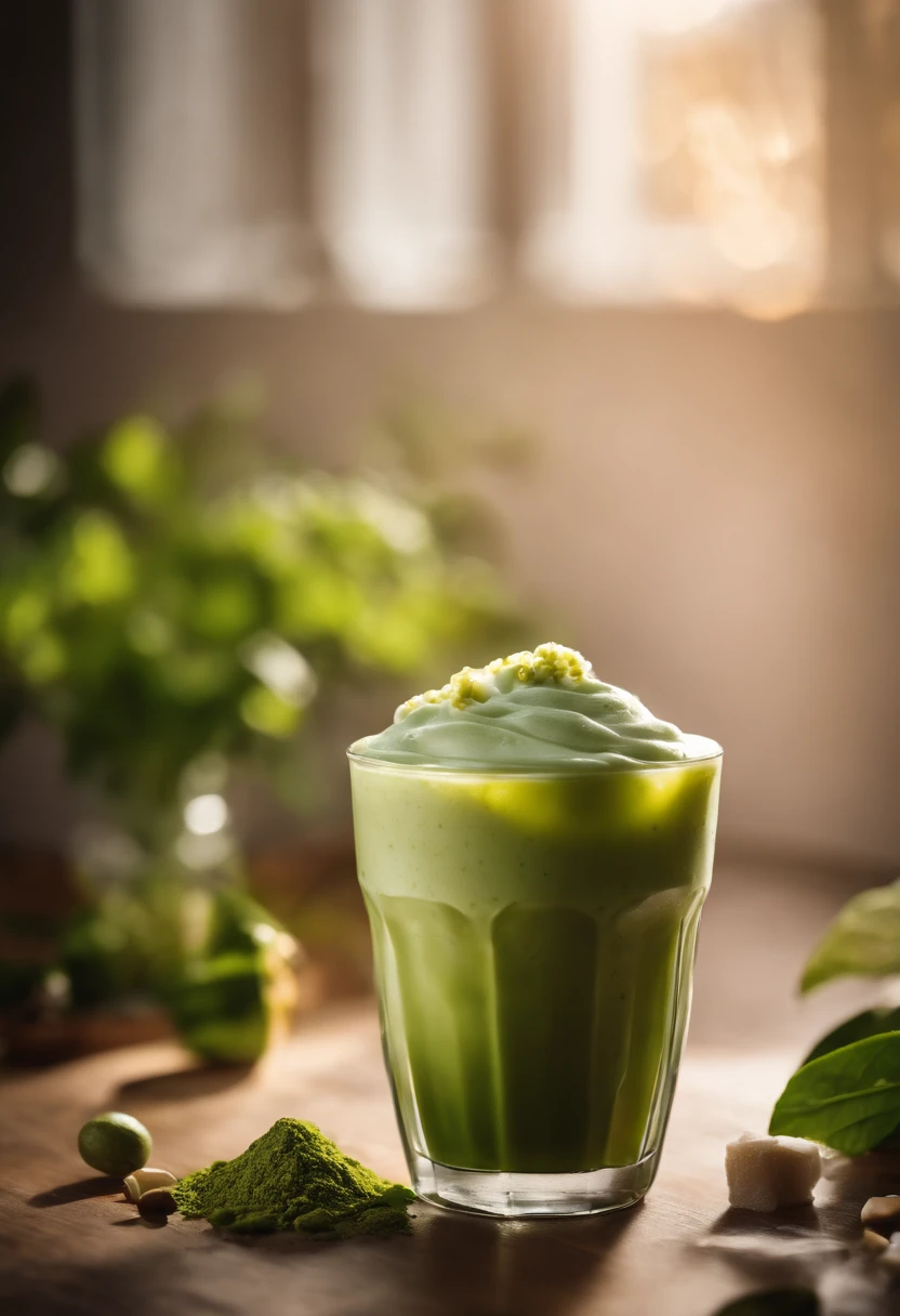 A high-resolution photograph of a refreshing iced matcha latte, showcasing the vibrant green color of the matcha powder perfectly blended with creamy milk and served over ice, topped with a delicate foam and a sprinkle of matcha powder on top.