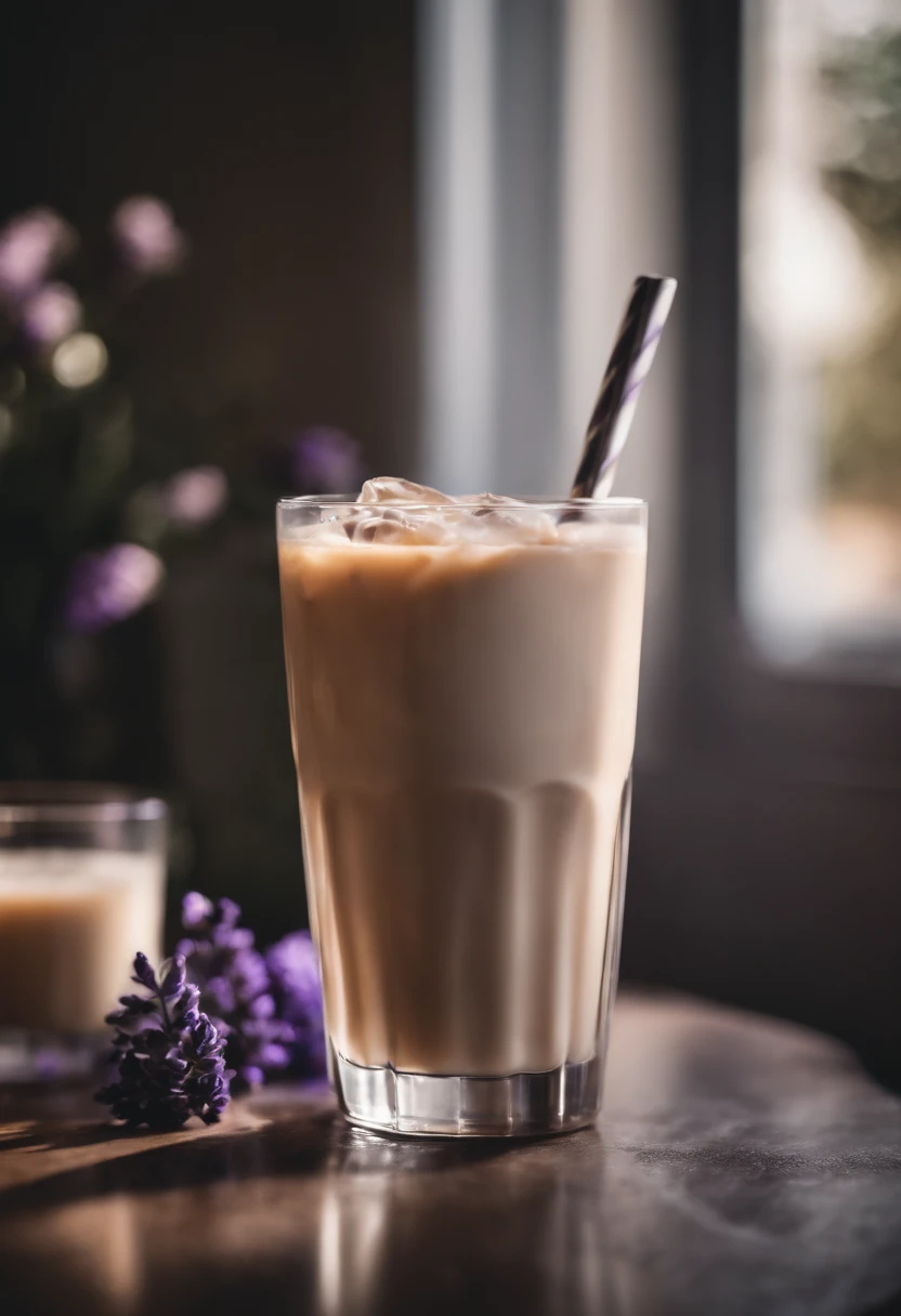 An aesthetic image of a tall glass filled with a beautiful lavender-infused iced latte, capturing the creamy swirls of milk combining with the subtle floral notes of lavender syrup, garnished with a sprig of fresh lavender and served over ice.