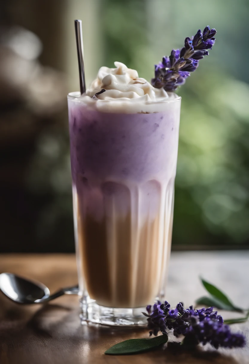 An aesthetic image of a tall glass filled with a beautiful lavender-infused iced latte, capturing the creamy swirls of milk combining with the subtle floral notes of lavender syrup, garnished with a sprig of fresh lavender and served over ice.
