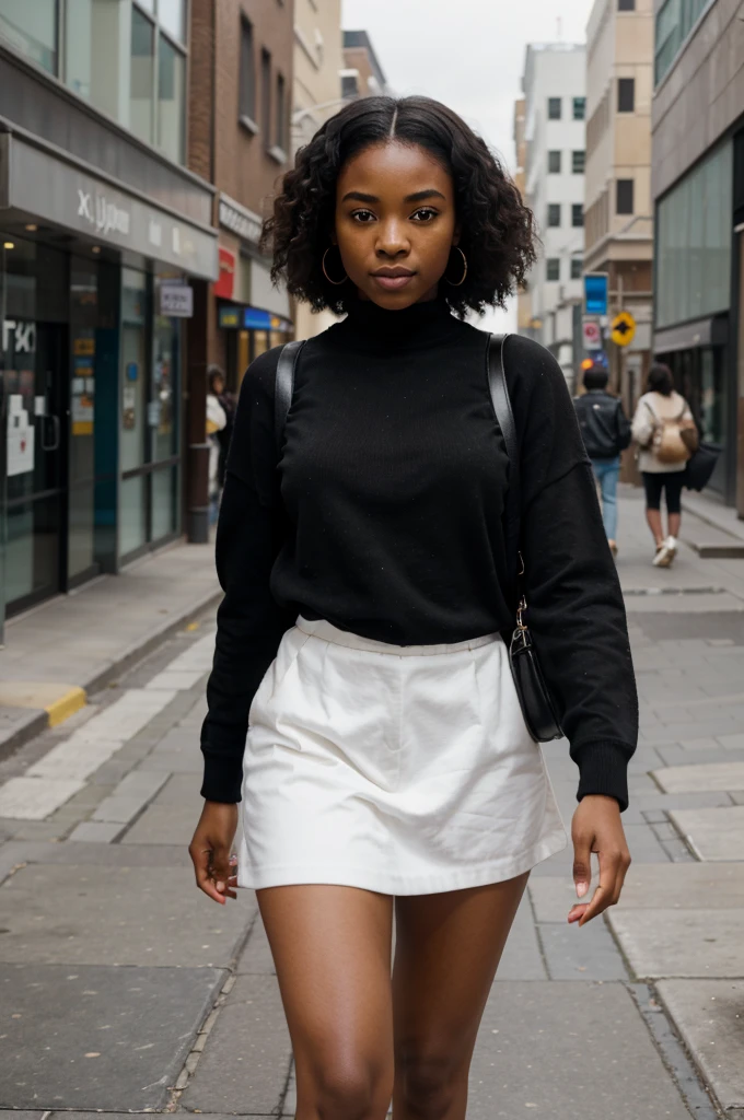 Black  girl walks down the street ,UHD, a Masterpiece, Fujifilm, XT3 grain, ((hyper-realistic)),realistic textures, photorealistic