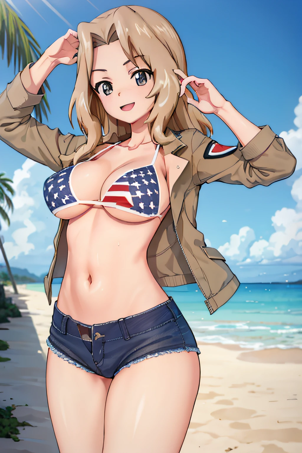 masterpiece, best quality, 1girl, solo, girls und panzer, kay, american flag bikini, brown jacket, denim shorts, beach, sand, water, blue sky