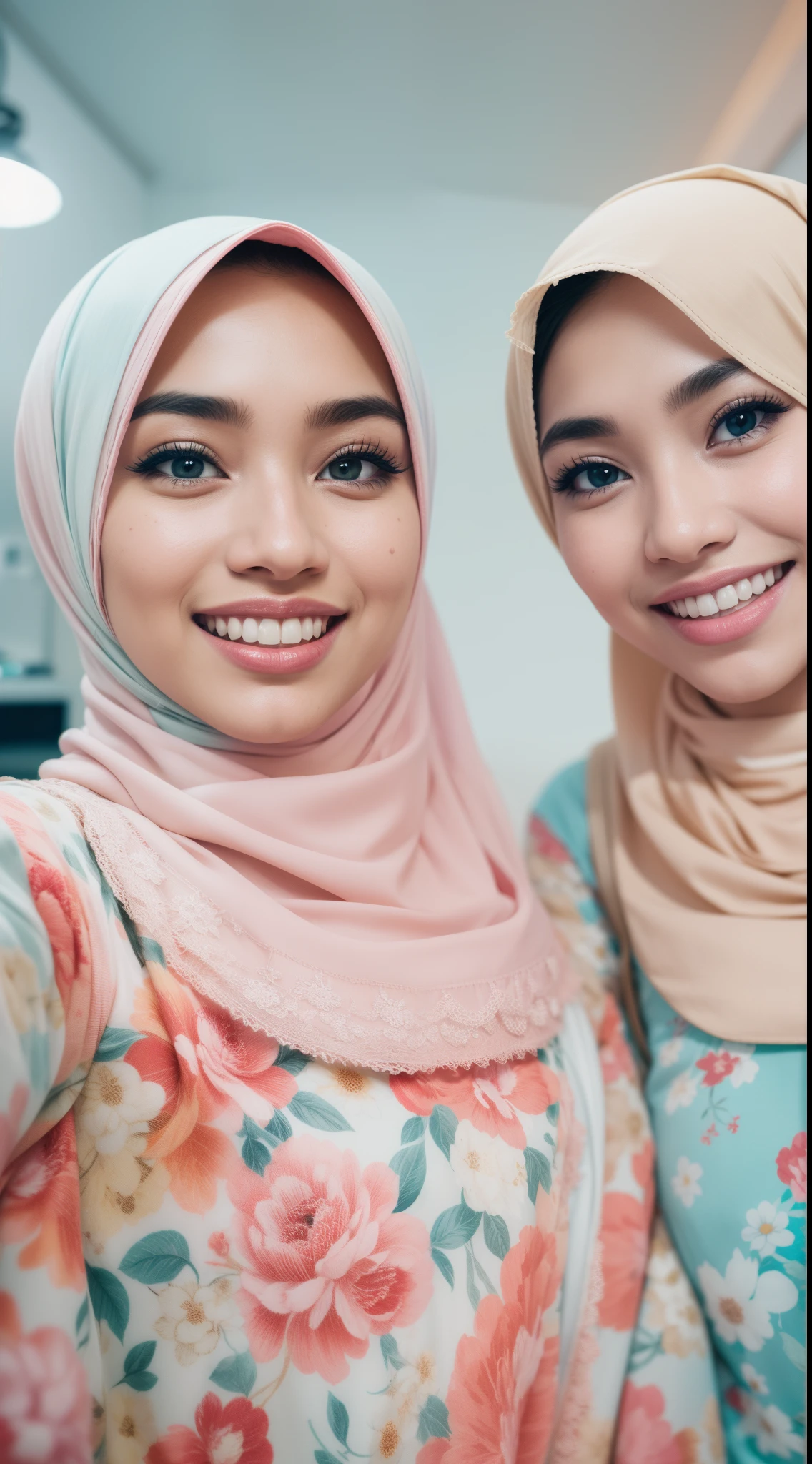 4 beautiful malay girl in red pastel color hijab taking selfie in modern kitchen, wear pastel blue and white floral pattern baju kurung, friendly and laughing situation, laughing, happy, modern pastel color kitchen, detailed skin texture, soft lighting, pastel color theme,Super 8mm lense, Extreme close-up, High Contrast cinematography effect, Natural Lighting, Desaturate color grading, high quality, ultra detail, 8k resolution
