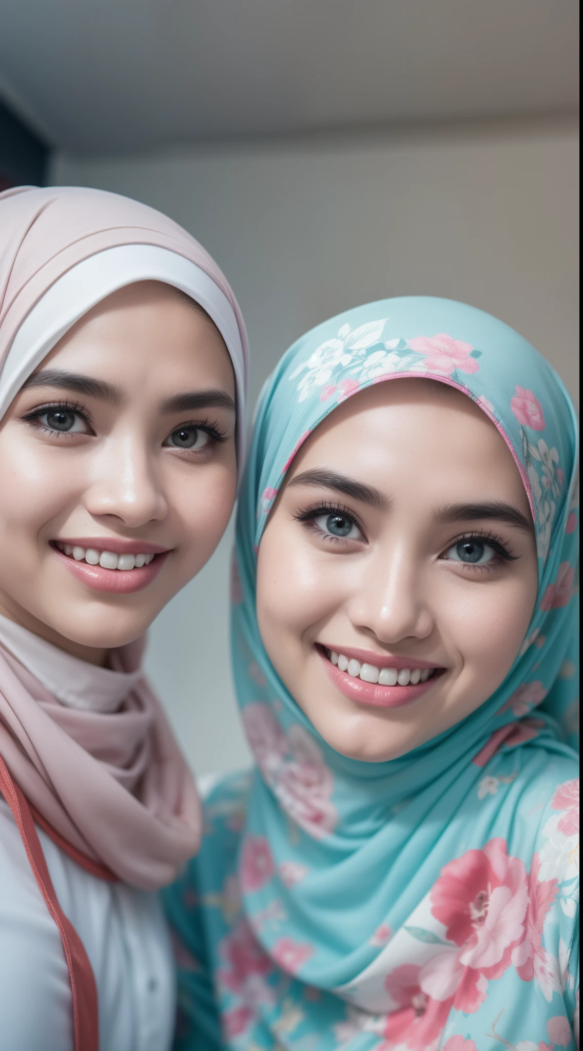 (((HIJAB ))), two beautiful woman next to eachother (high resolution), perfect body (((HIJAB soft females))), masutepiece, High quality, UHD 32K, Realistic face, Realistic skin feeling , A cute Lady, 18 years old, (((big CHEST))), big cleaveage, big perky breasts (daylight bedroom), ((looking front at the camera)), photograph from above ((( detailed design))), (((cute ladies)), ((lace)), ((transparent hijab)) wearing lace bra, strapless long dress, bright background , bedroom, flowers in the background, ( close up on body view angle) seductive pose (rainbow thong) thin body, (skin tight transparent dress) leg stockings, belt around waist, close up on body, top angle close up, close up on body, sunday dress, kitchen background