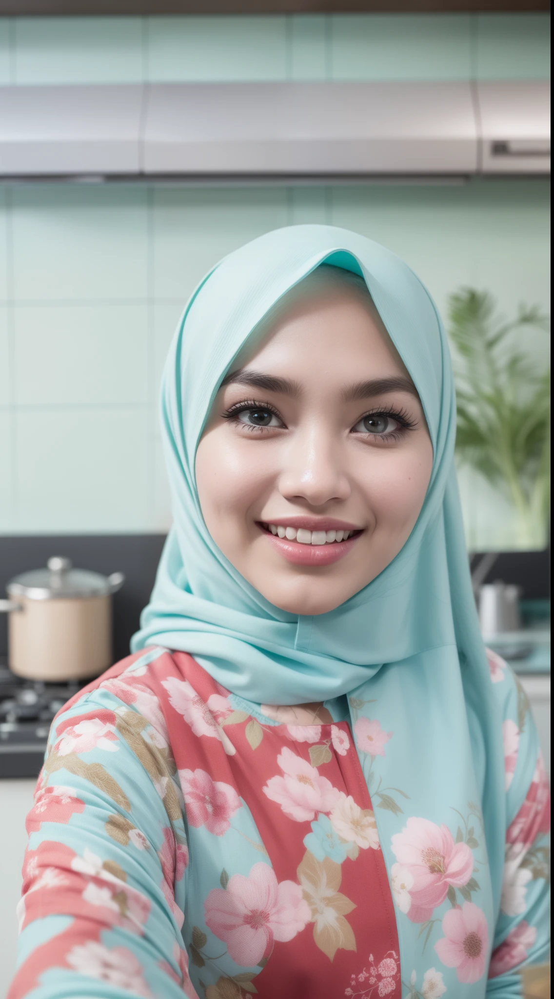 4 beautiful malay girl in red pastel color hijab taking selfie in modern kitchen, wear pastel blue and white floral pattern baju kurung, friendly and laughing situation, laughing, happy, modern pastel color kitchen, detailed skin texture, soft lighting, pastel color theme,Super 8mm lense, Extreme close-up, High Contrast cinematography effect, Natural Lighting, Desaturate color grading, high quality, ultra detail, 8k resolution