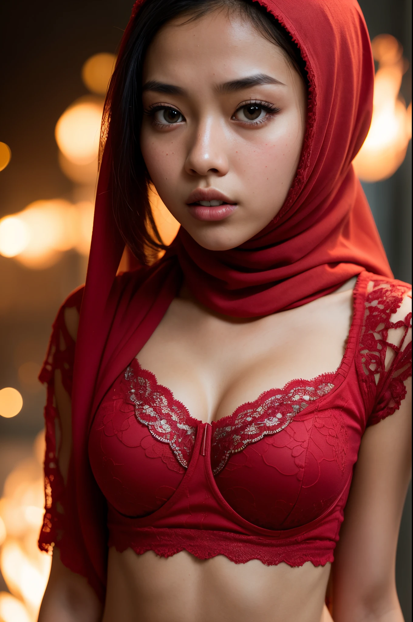 1 malay girl , modern hijab,  angry , medium portrait shot , fire in her eyes , glowing particles, wear red lace bra and panties, Super 8mm lense, Extreme close-up, High Contrast cinematography effect, Natural Lighting, Desaturate color grading, high quality, ultra detail, 8k resolution