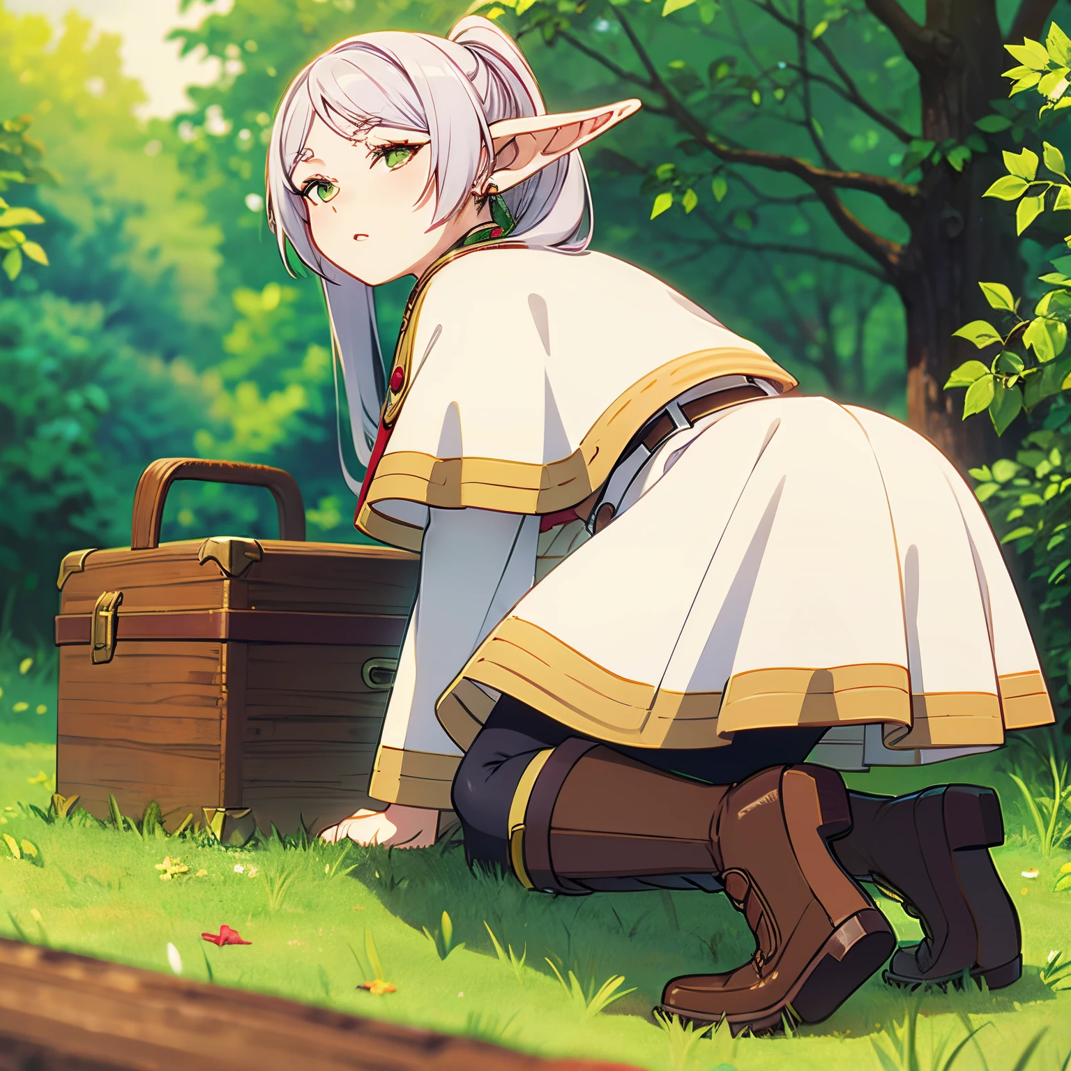 NSFW:Woman in dress kneeling on the ground, Long hair, blush, Bangs, Long sleeves, Twin-tailed, Green eyes, Ass, flower, White hair, pantyhose, earrings, long boots, Outdoors, Parted lips, day, pointy ear, Belt bag, White Dress, tree, Black pantyhose, Capelet, Brown Footwear, knee boots, tussock, elf, Nature, forest, white capelet