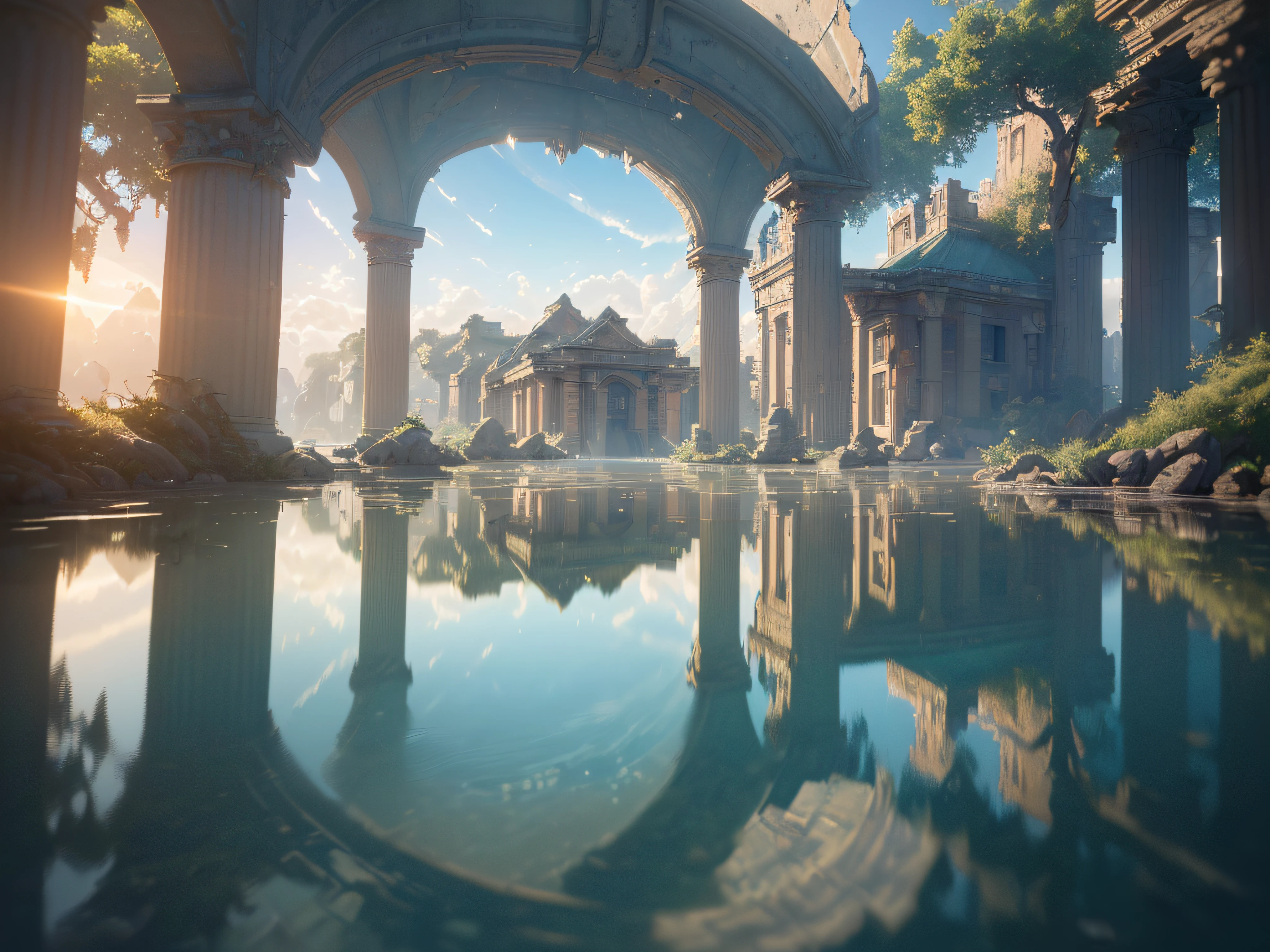 (8k, RAW photo, best quality, masterpiece:1.2), (realistic, photo-realistic:1.37), octane render, ultra high res, ultra-detailed, professional lighting, photon mapping, radiosity, physically-based rendering, ue5, ((island sanctuary)), ((ancient fallen kingdom)), ((reflections in water)), ((raytracing)), ((drowned city))