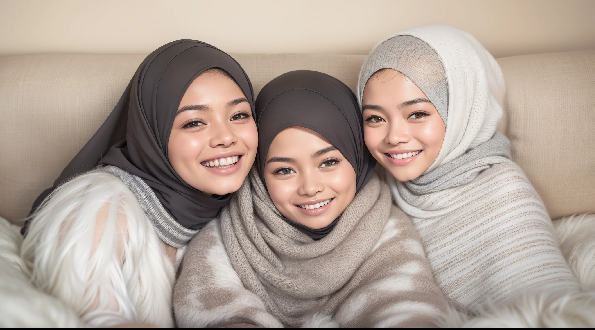 3 malay girls, (happy smile, laughing: 1.3), 8k, RAW portrait of malay girls with pompom plain hijab, 80mm, ultra high resolution, top quality, wear knitted pyjamas, top view, (looking up at the viewer from below), big, modern grey pastel living room, bed, sitting on fluffy couch with many big cute pillow, many cute pillow, break (natural skin texture, detailed skin, hyper-realism, super sharpness), intricate details, high resolution, natural light, cheerful environment, bright lighting,Super 8mm lense, Extreme close-up, High Contrast cinematography effect, Natural Lighting, Desaturate color grading, high quality, ultra detail, 8k resolution
