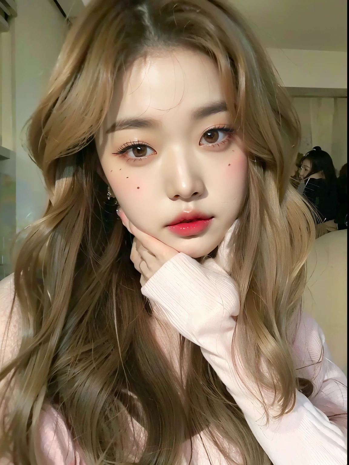 a close-up of a girl with long hair and a pink sweater, ulzzang, maquillaje popular de Corea del Sur, Lalisa Manobal, pale round face, maquillaje coreano popular, Beautiful aesthetic face, Rasgos de la cara coreana, Cara suave y redonda, Joven y adorable rostro coreano, chica linda-fina-cara, maquillaje suave, Wan adorable cara coreana, Cara linda clara