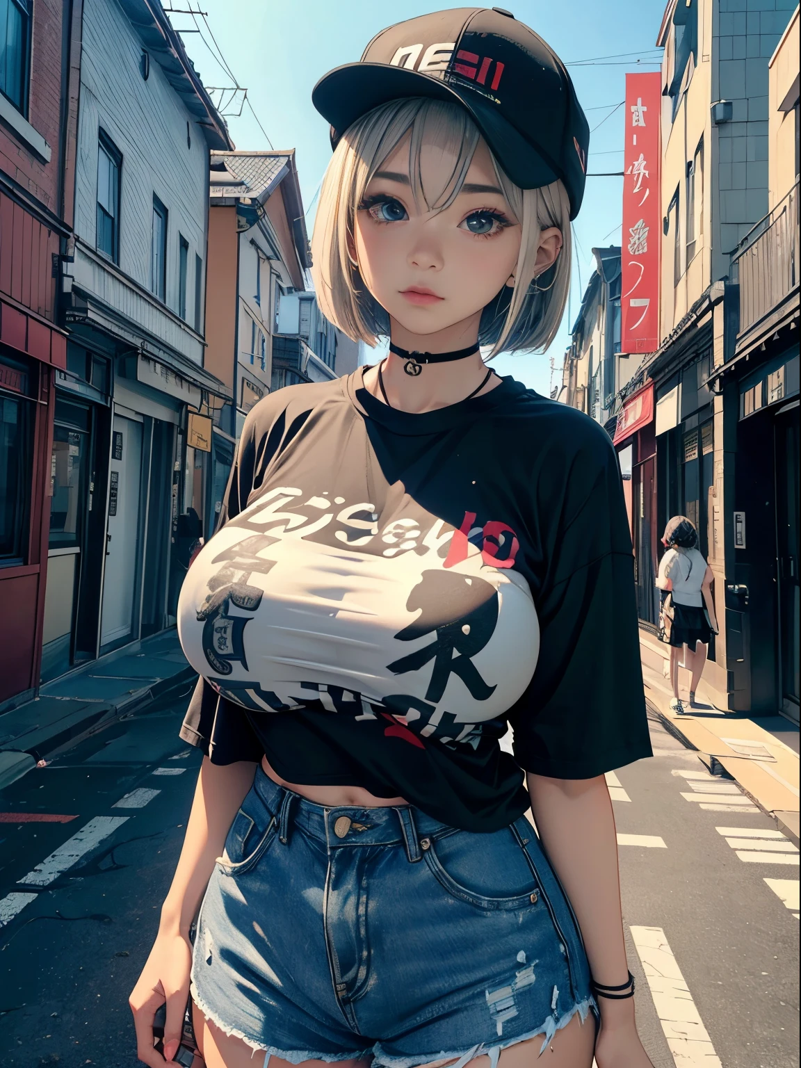 a 20 yo woman、(​masterpiece:1.4)、(in 8K、realisitic、Raw photo、top-quality:1.4)、(Real Face:1.4)、(real looking skin:1.3)、超A high resolution、Black eyes、piercings、Blonde Bob Cut、Street fashion、caps、print t-shirt、JINS、(huge-breasted:1.5)、Blushing、alluring face、natta、Back alley、stairway