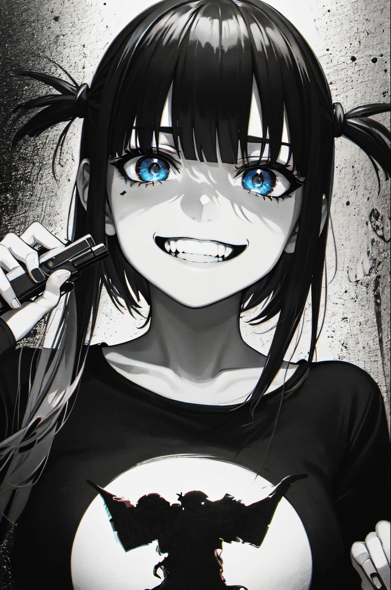 1girl in, masutepiece, Best Quality, G2H, gun to head, Handgun, holding gun, Cowboy Shot, smilling, which are full of confidence, Perfect face,Expressive eyes,Evil, Madness, high details, Crazy,Contrasty, shadowy,zombie,