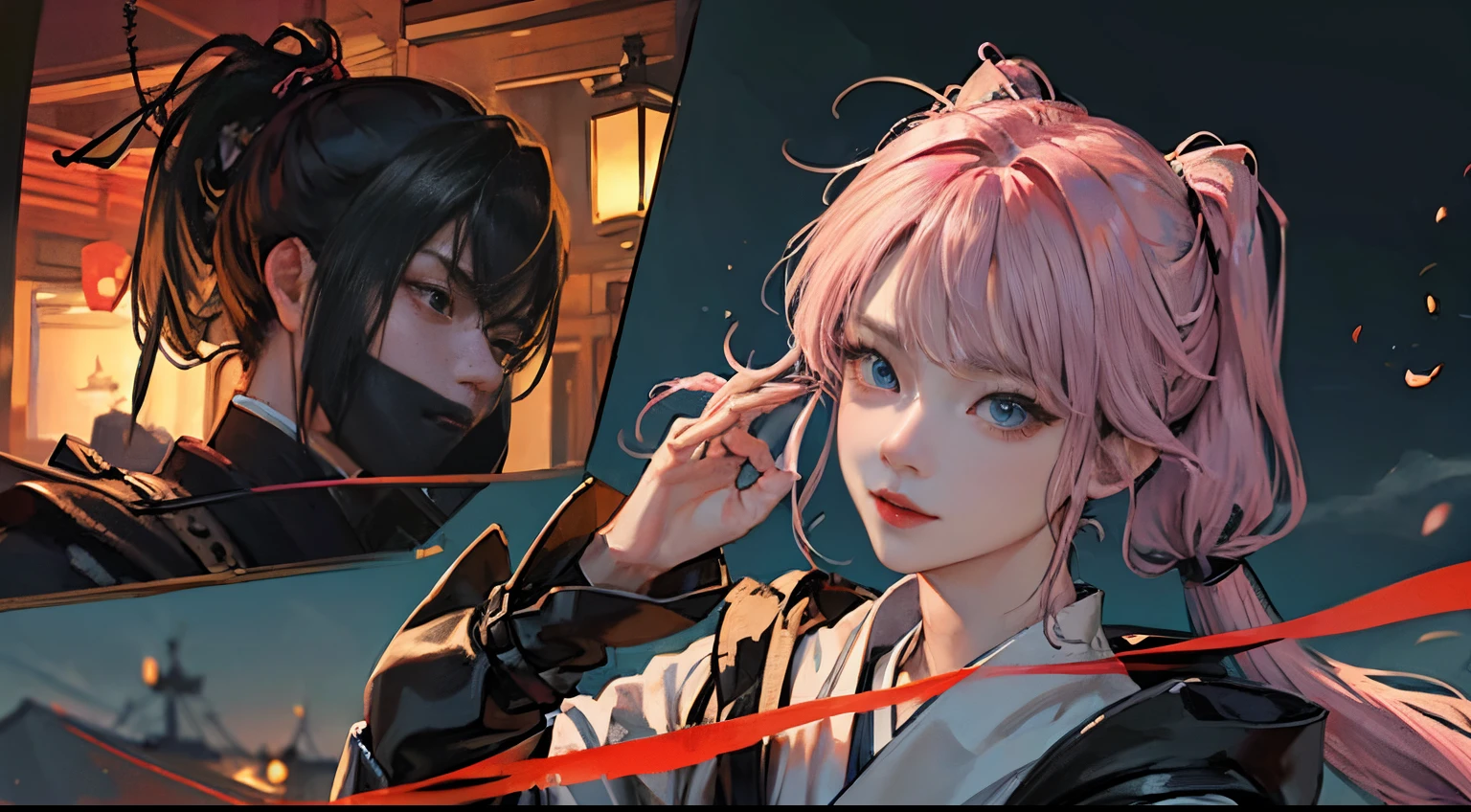 1人の女性、 Look at the viewer,
Her upper body, Her beautiful blue eyes, Pink hair with twin tails, Moles under her eyes, Plump and glossy lips, Heart-shaped choker,Female ninja 、stealth、Ninja Black Costume、Black mask、Looking at the viewer, smiling at the viewer. .. .. .. .. .. .. .. .. .. .. .. .. .. .. .. .. .. .. .. .. .. .. .. .. .. .. .. .. .. .. .. .. .. .. .. .。.。.。.。.。.。.。.。.。.。.。.。.。.。.。.。.。.。.。.。.。.。.。.。.。.。.。.。.。.。.。.。.。.。.。.。.。.。.。.。.。.。.。.。.3D, cyberpunk style short clothes、, of the highest quality, 8K, Detailed skin texture, Detailed Cloth Texture, beautifull detailed face, Intricate details, Female ninja、Kunoichi、Ninja Outfit、Edo townscape、morning landscape edge lighting, Side lighting, Cinematic lighting, Ultra high definition, 8K UHD, Film grain, Best Shadows, Delicate, Facing the viewer, front facing