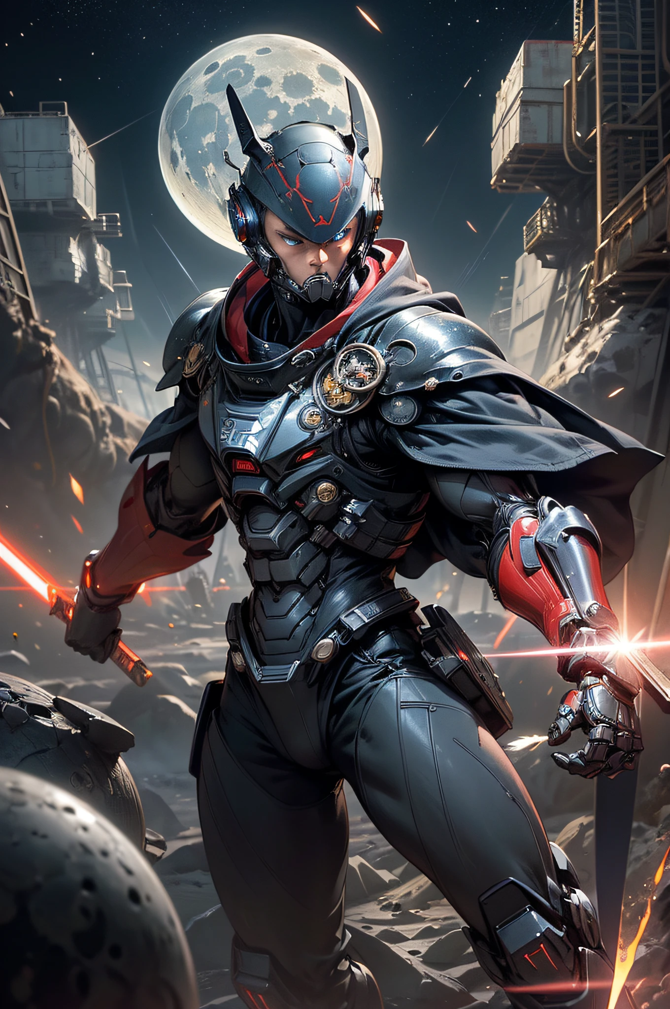 top-quality、Top image quality、​masterpiece、hiquality、Beautiful Art、masutepiece、visualart、depth of fields、male people((in her 20s、well-muscled、Black and red bodysuit、Shout、Laser sword dual wielding、Glowing chest、mechanical cloak、blue eyess、Planktonic)),Background with((Lunar base、battle field、humanoid robot destroyed),