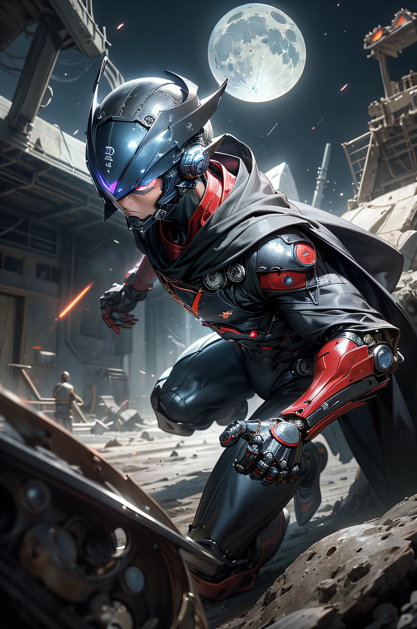 top-quality、Top image quality、masterpiece、hiquality、Beautiful Art、masutepiece、visualart、depth of fields、male people((in her 20s、well-muscled、Black and red bodysuit、Shout、Laser sword dual wielding、Glowing chest、mechanical cloak、blue eyess、Planktonic)),Background with((Lunar base、battle field、humanoid robot destroyed),