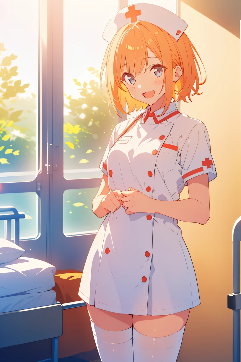 1girl, solo, nurse, nurse cap, white wear, ((white legwear, zettai ryouiki)), white gloves, very short hair, orange hair, smile, open mouth, standing, ((hospital room)), sharp outline, short sleeves, tomboy, boyish, best quality, masterpiece