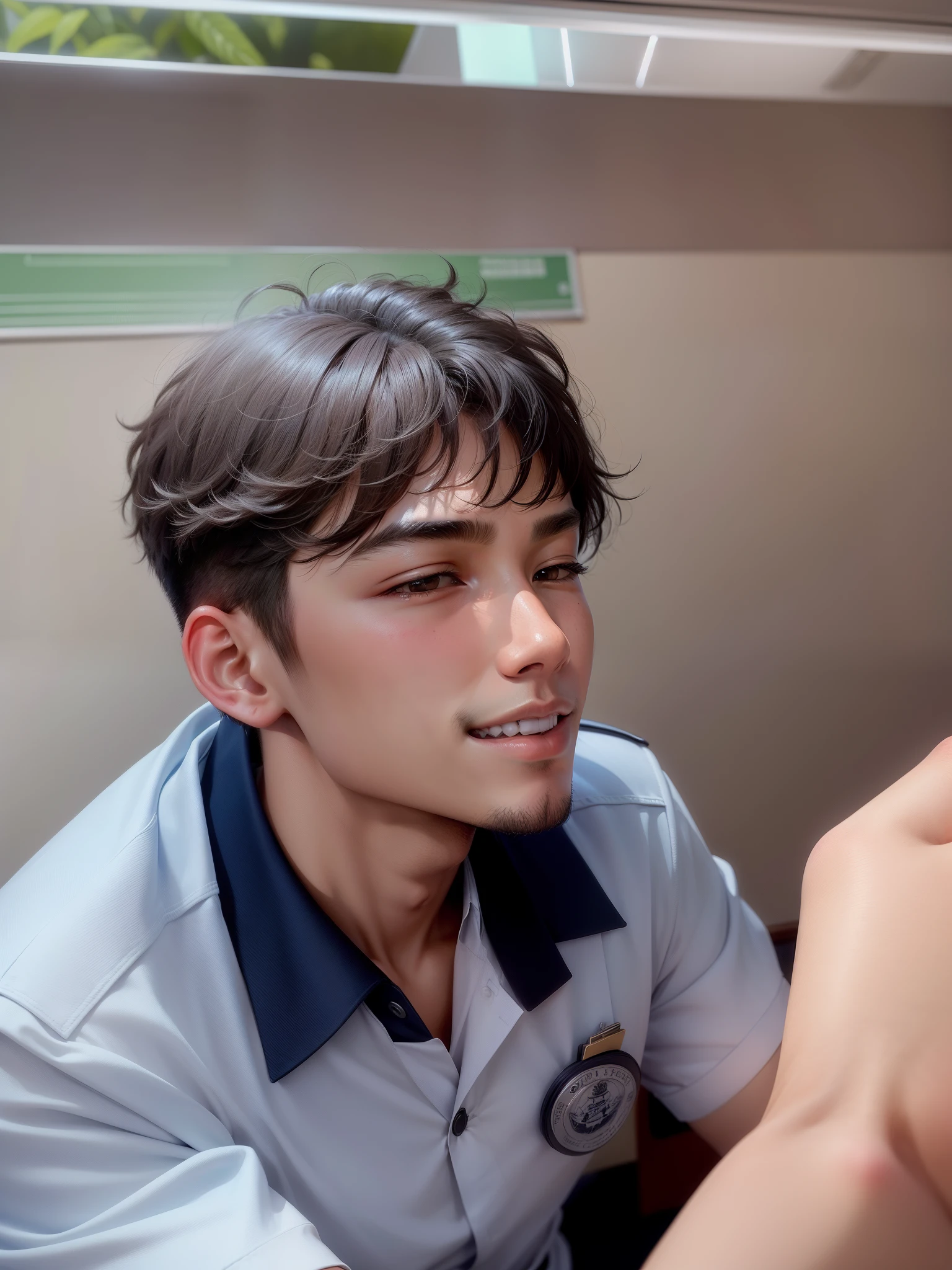 Man in school, It creates a student-like atmosphere, Man's, Dressed in a uniform, Around 16, Well-groomed face, Handsome, tall, asian and has a seductive smile that adds to his charm.